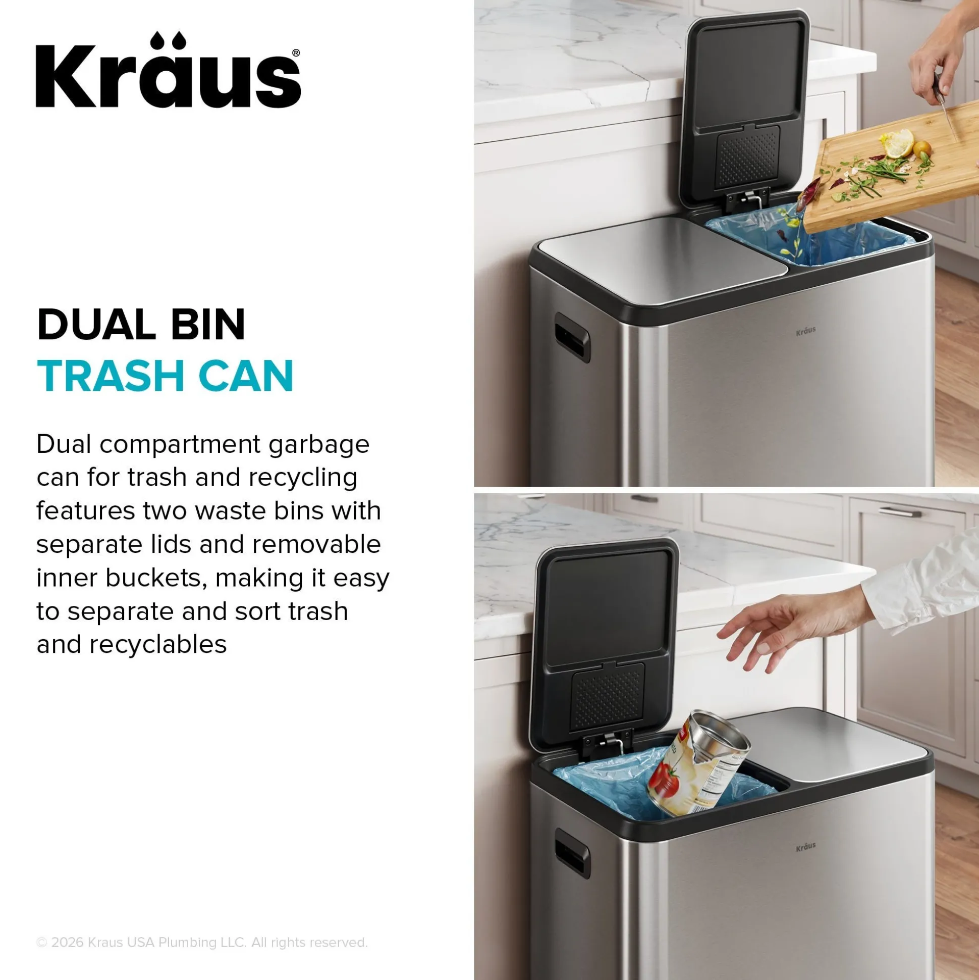 15.8 Gallon / 60 Liter Dual Compartment Step Pedal Kitchen Trash Can in Matte Black with Removable Inner Buckets, Odor Control Filters, and Soft Close Lid