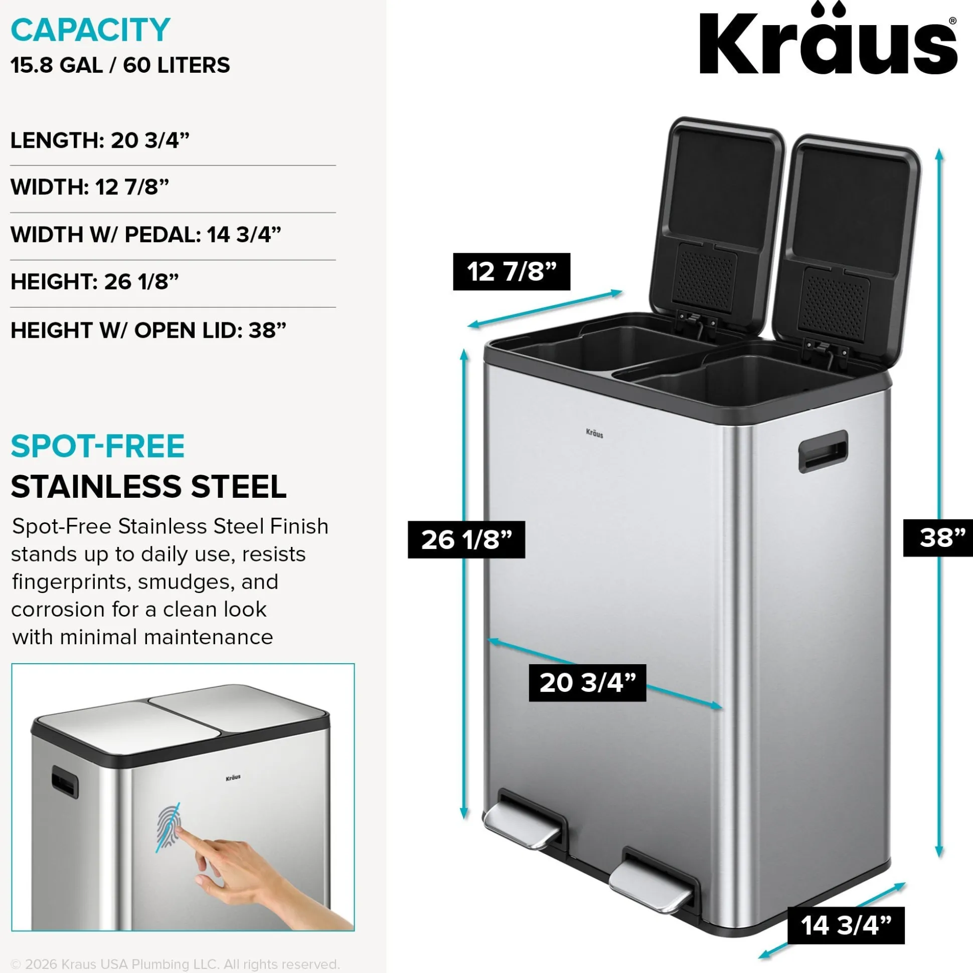 15.8 Gallon / 60 Liter Dual Compartment Step Pedal Kitchen Trash Can in Spot-Free Stainless Steel with Removable Inner Buckets, Odor Control Filters, and Soft Close Lid