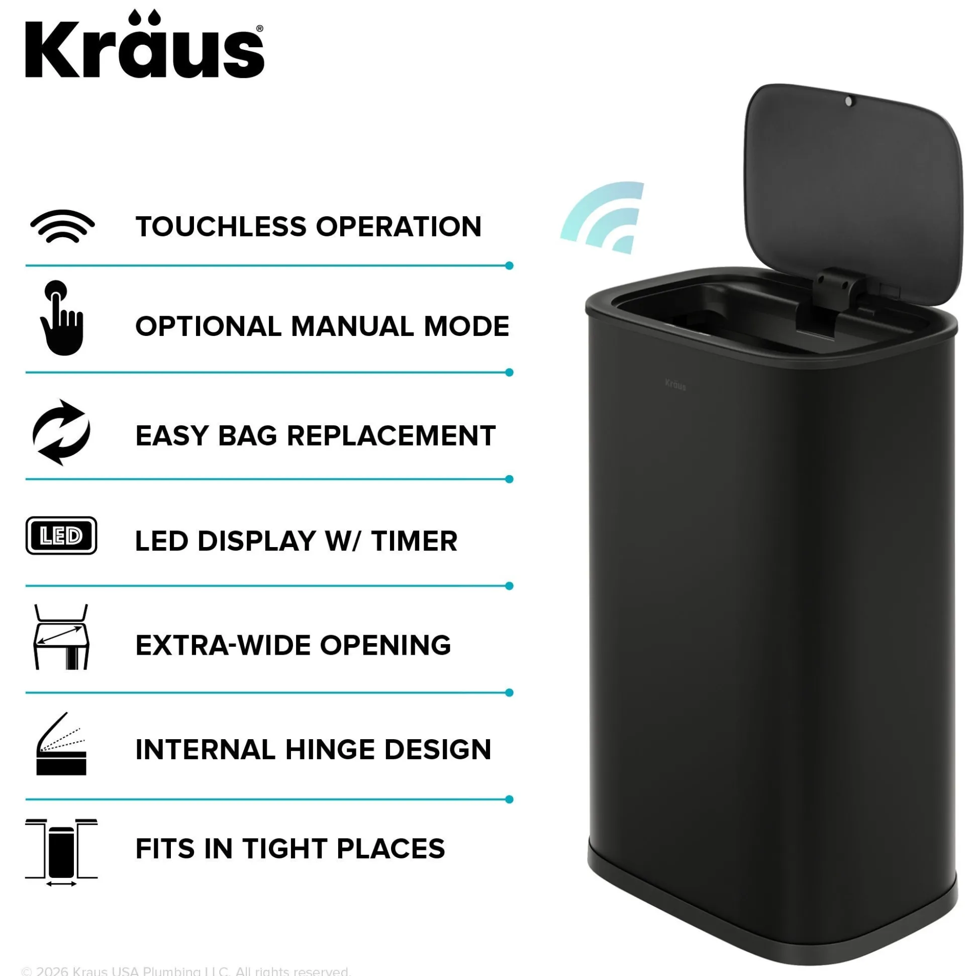 14.5 Gallon / 55 Liter Motion Sensor Kitchen Trash Can in Matte Black with Bag Securing Ring and Soft Close Lid