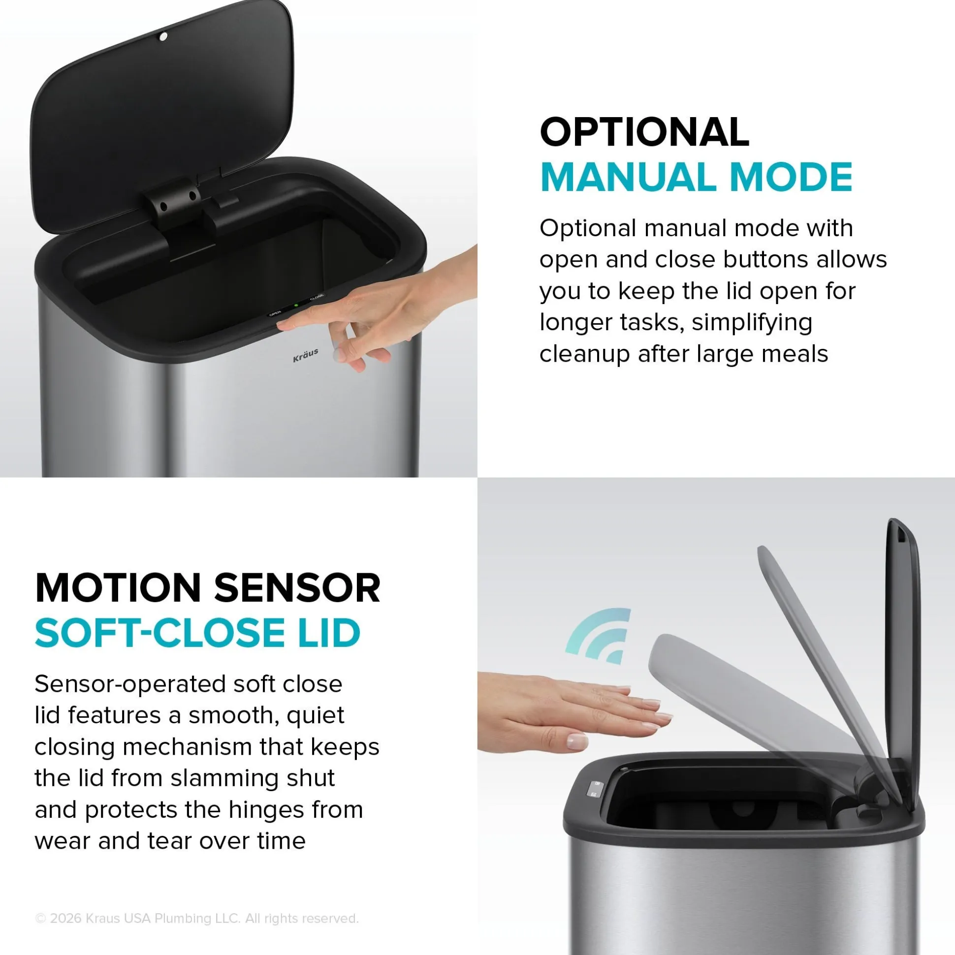 14.5 Gallon / 55 Liter Motion Sensor Kitchen Trash Can in Matte Black with Bag Securing Ring and Soft Close Lid