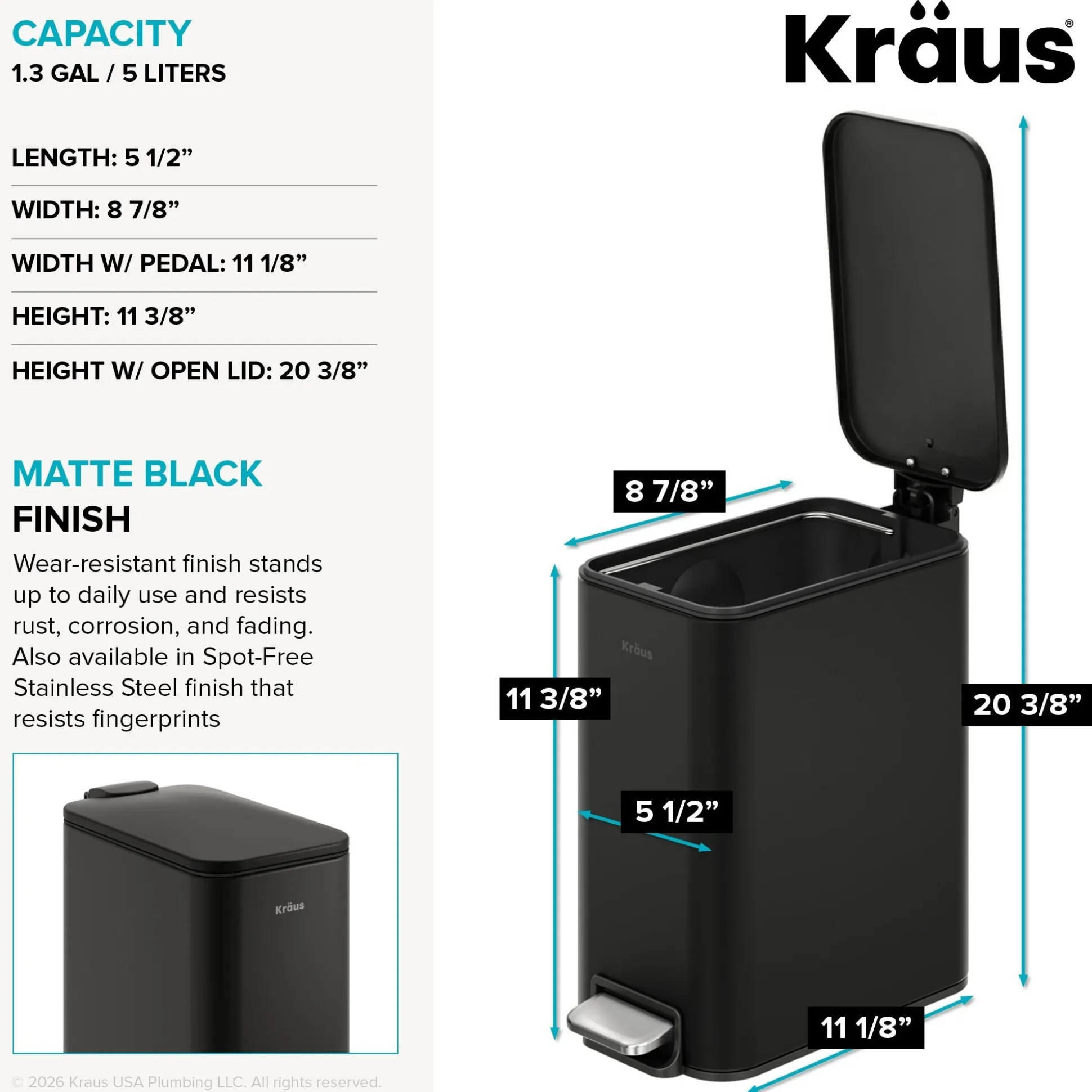 1.3 Gallon / 5 Liter Step Pedal Bathroom Trash Can in Matte Black with Removable Inner Bucket and Soft Close Lid
