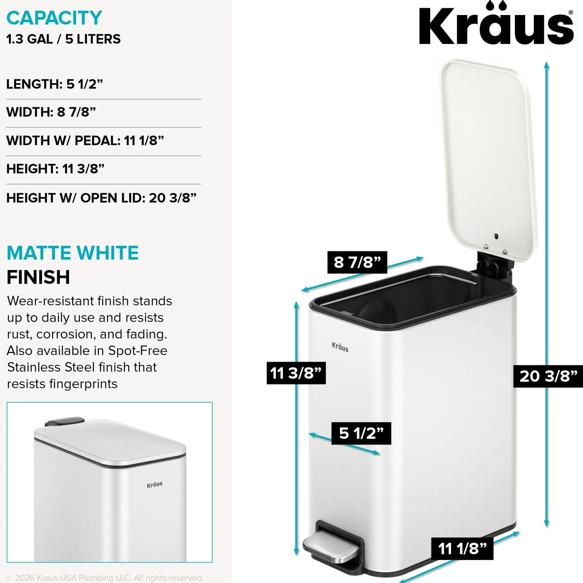 1.3 Gallon / 5 Liter Step Pedal Bathroom Trash Can in Matte White with Removable Inner Bucket and Soft Close Lid