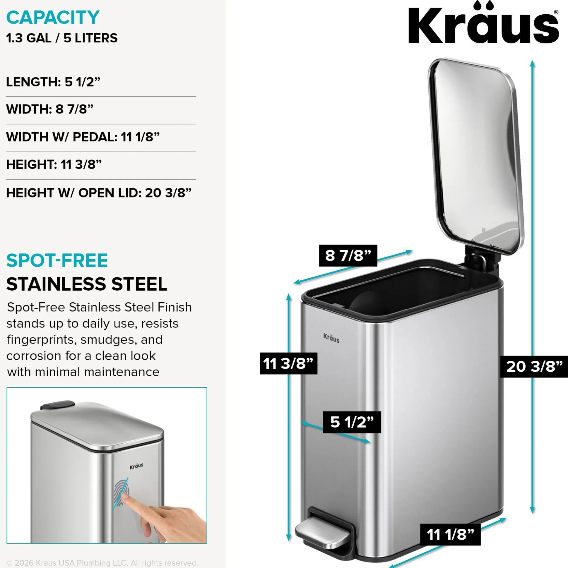 1.3 Gallon / 5 Liter Step Pedal Bathroom Trash Can in Spot-Free Stainless Steel with Removable Inner Bucket and Soft Close Lid