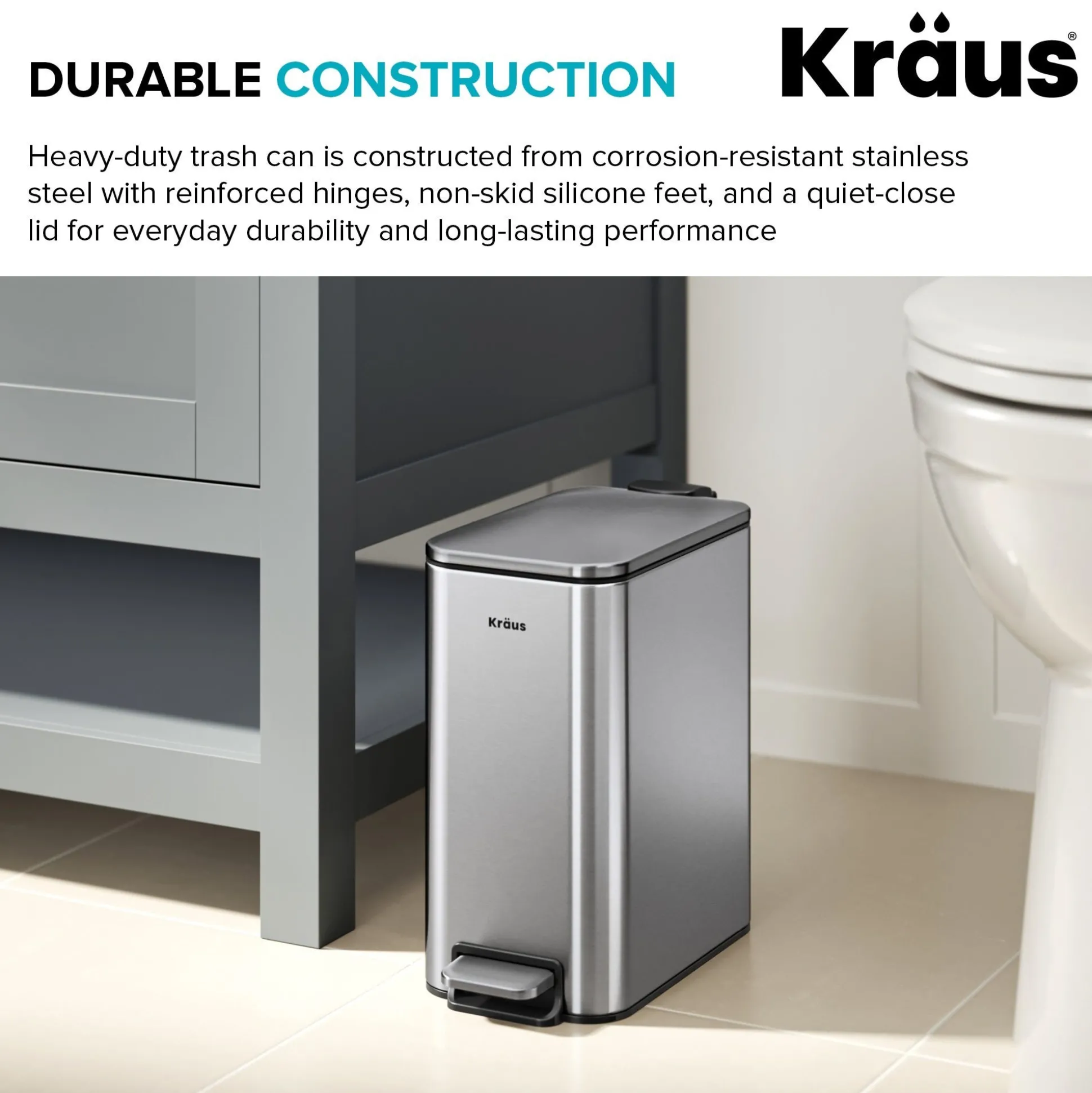 1.3 Gallon / 5 Liter Step Pedal Bathroom Trash Can in Spot-Free Stainless Steel with Removable Inner Bucket and Soft Close Lid