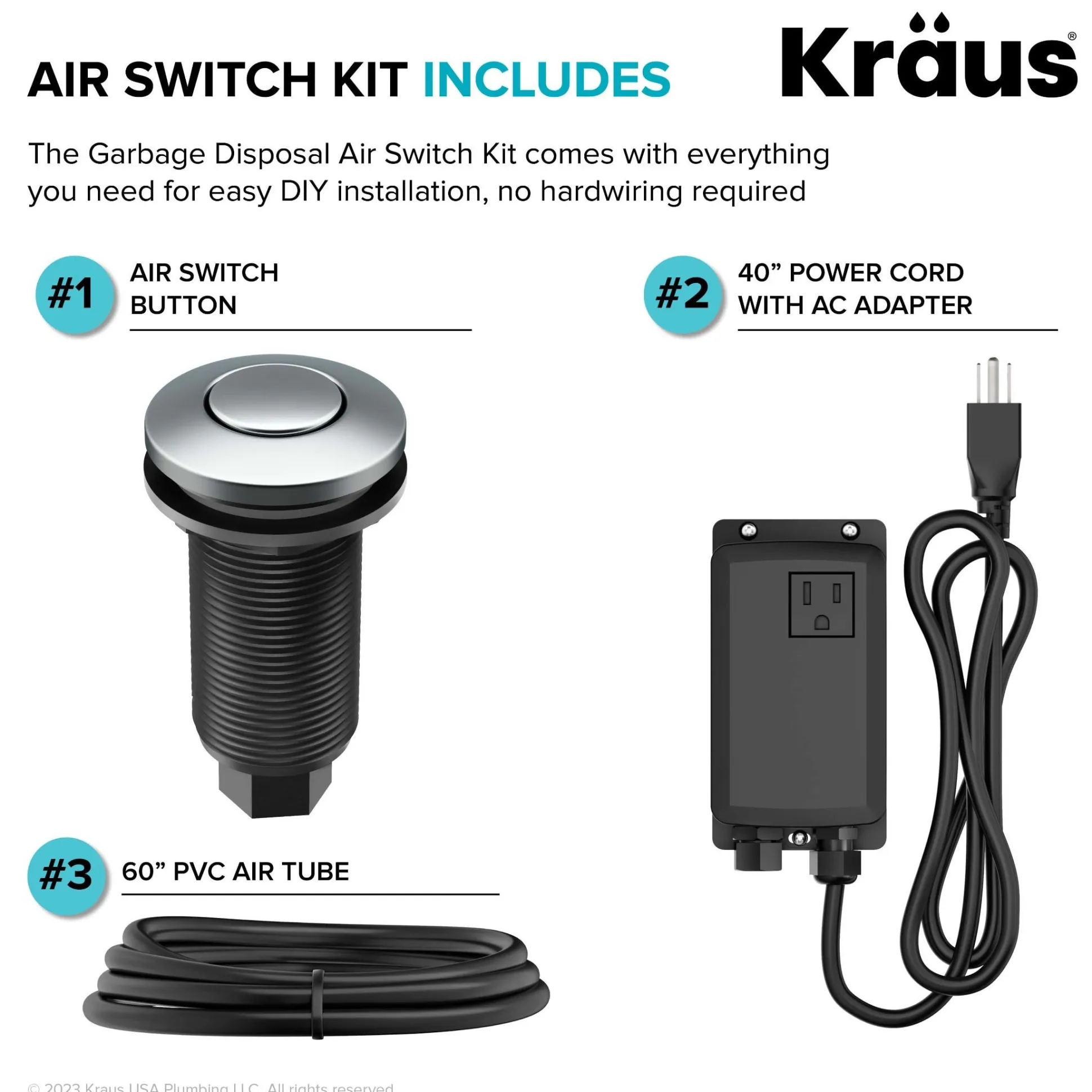 Garbage Disposal Air Switch Kitin Chrome with Push Button, AC Adapter, Power Cord, and Air Tube Included