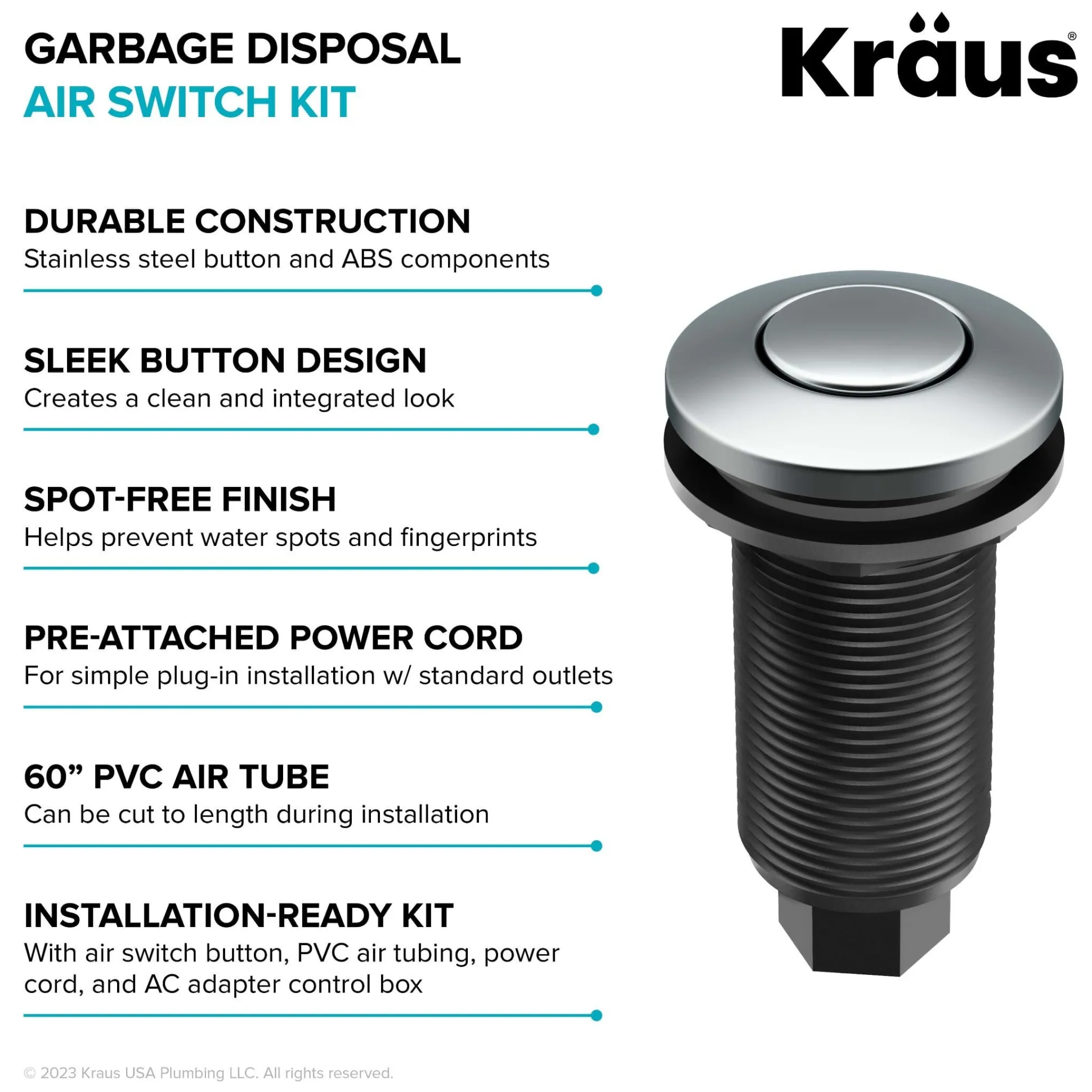 Garbage Disposal Air Switch Kitin Chrome with Push Button, AC Adapter, Power Cord, and Air Tube Included