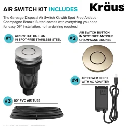 Garbage Disposal Air Switch Kit with 2 Flat-Top Push Buttons in Spot-Free Stainless Steel and Spot-Free Antique Champagne Bronze, AC Adapter, Power Cord, and Air Tube Included