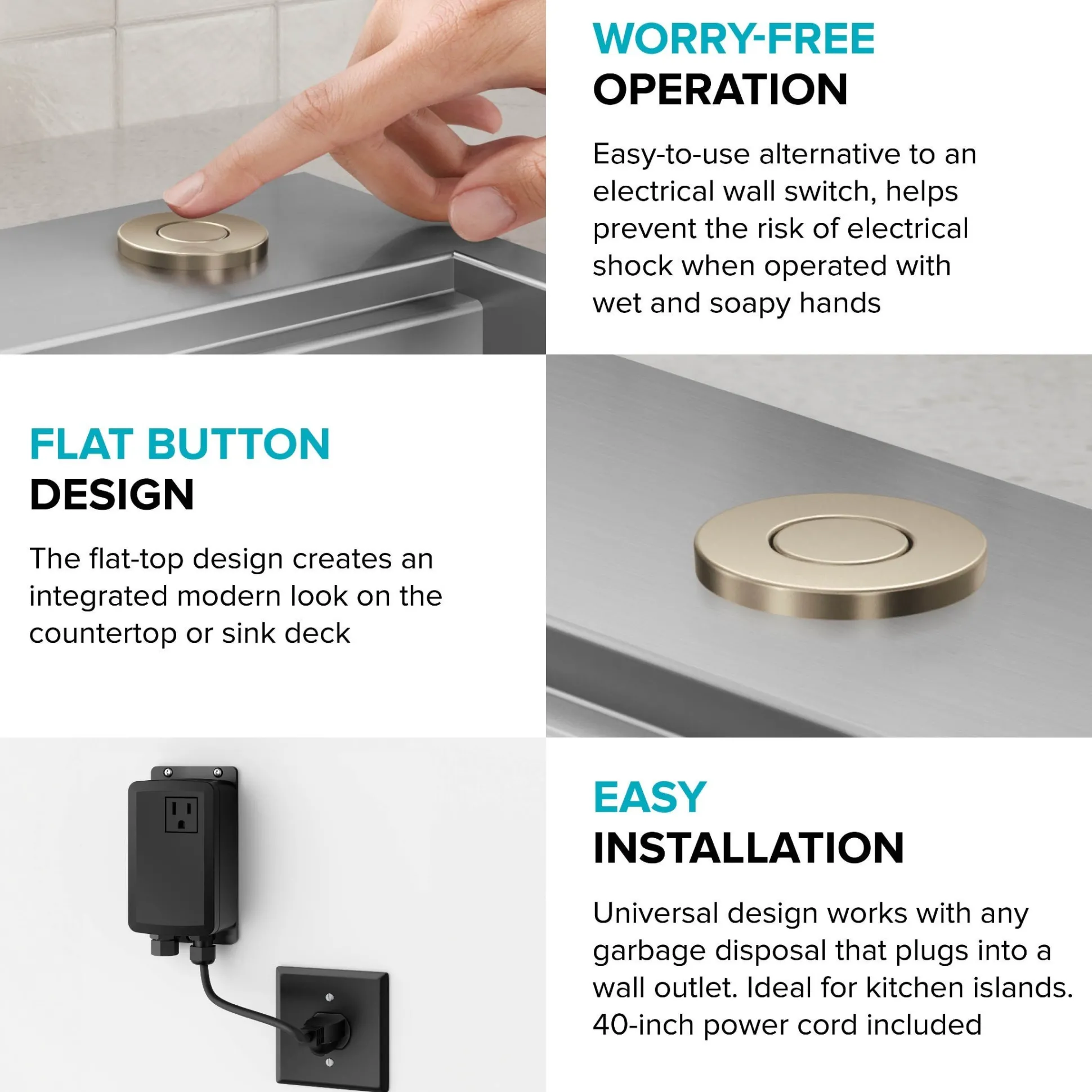 Garbage Disposal Air Switch Kit with 2 Flat-Top Push Buttons in Spot-Free Stainless Steel and Spot-Free Antique Champagne Bronze, AC Adapter, Power Cord, and Air Tube Included