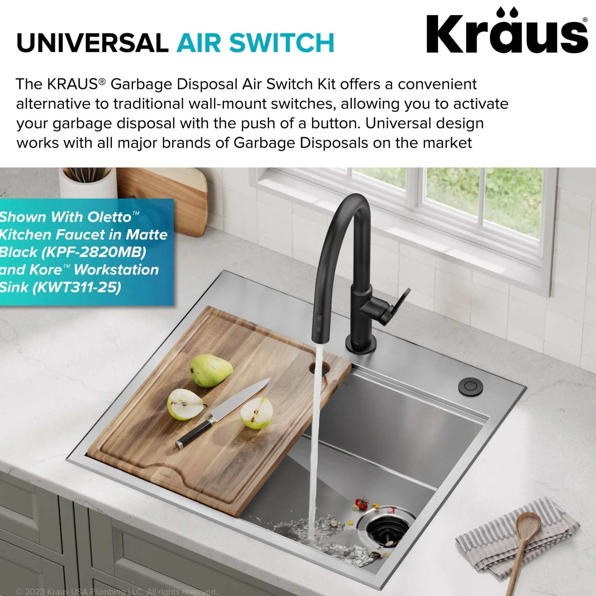 Garbage Disposal Air Switch Kit with 2 Flat-Top Push Buttons in Spot-Free Stainless Steel and Brushed Brass, AC Adapter, Power Cord, and Air Tube Included