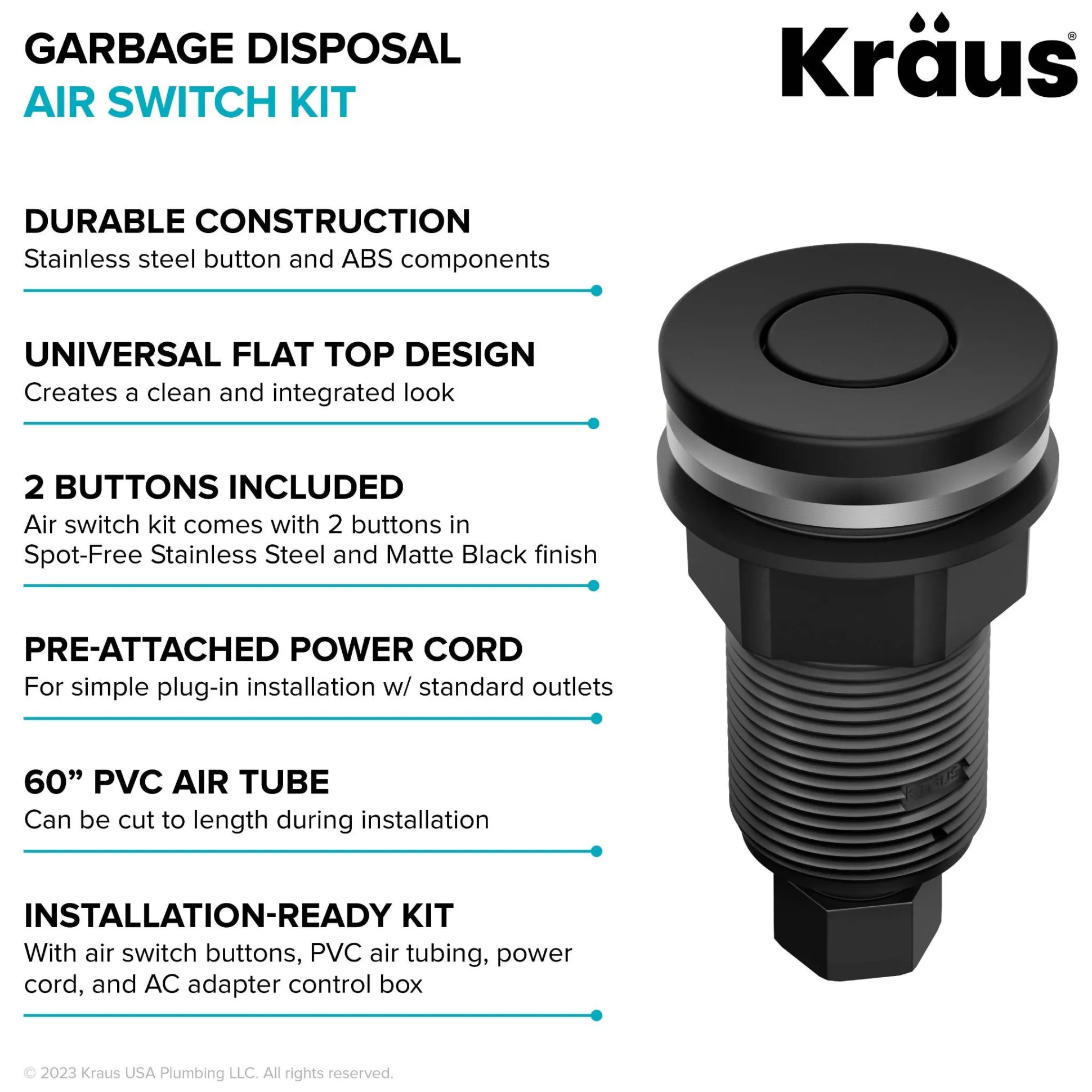 Garbage Disposal Air Switch Kit with 2 Flat-Top Push Buttons in Spot-Free Stainless Steel and Matte Black, AC Adapter, Power Cord, and Air Tube Included