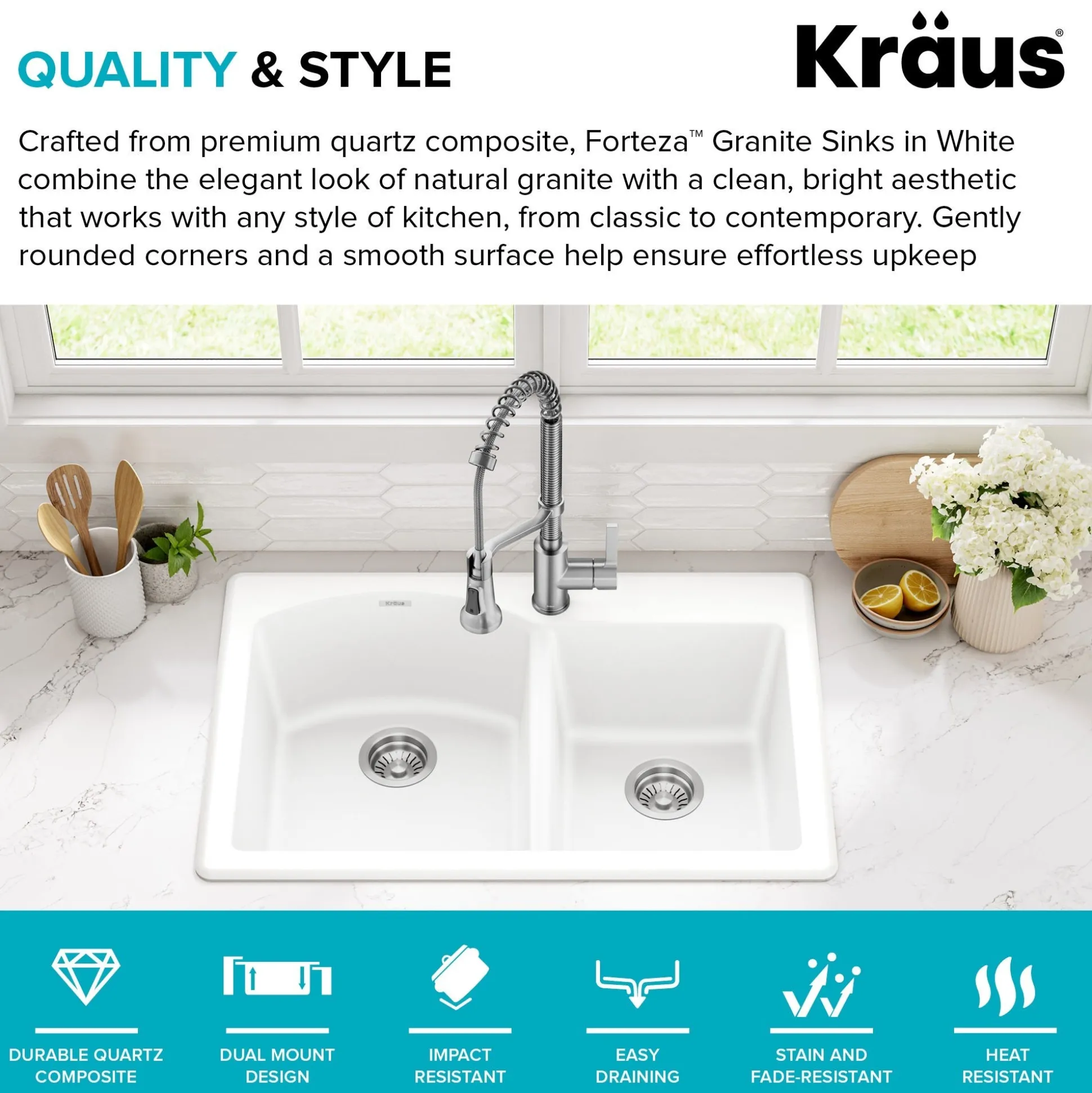 33” Granite Drop In / Undermount 60/40 Double Bowl White Kitchen Sink