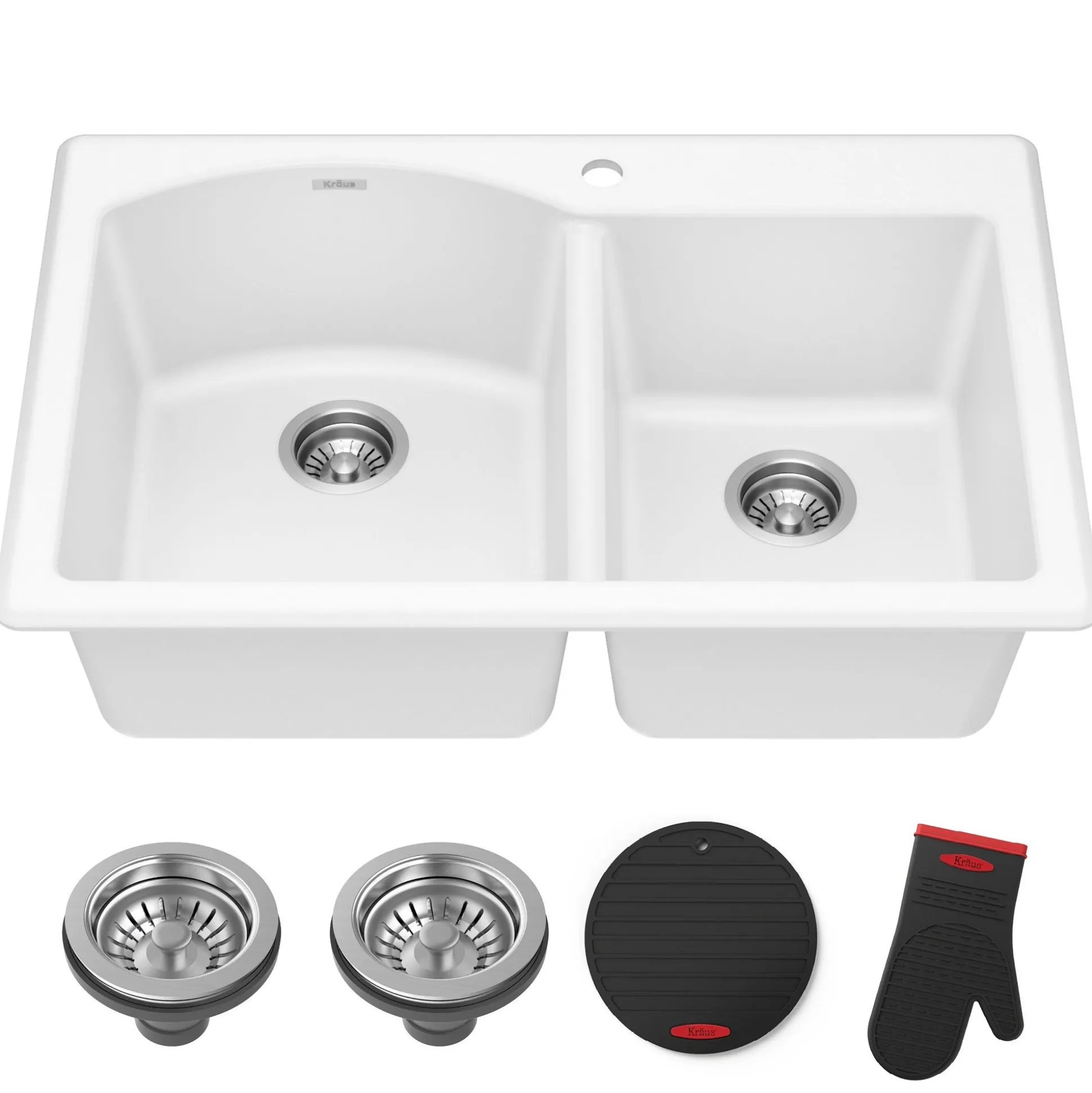 33” Granite Drop In / Undermount 60/40 Double Bowl White Kitchen Sink