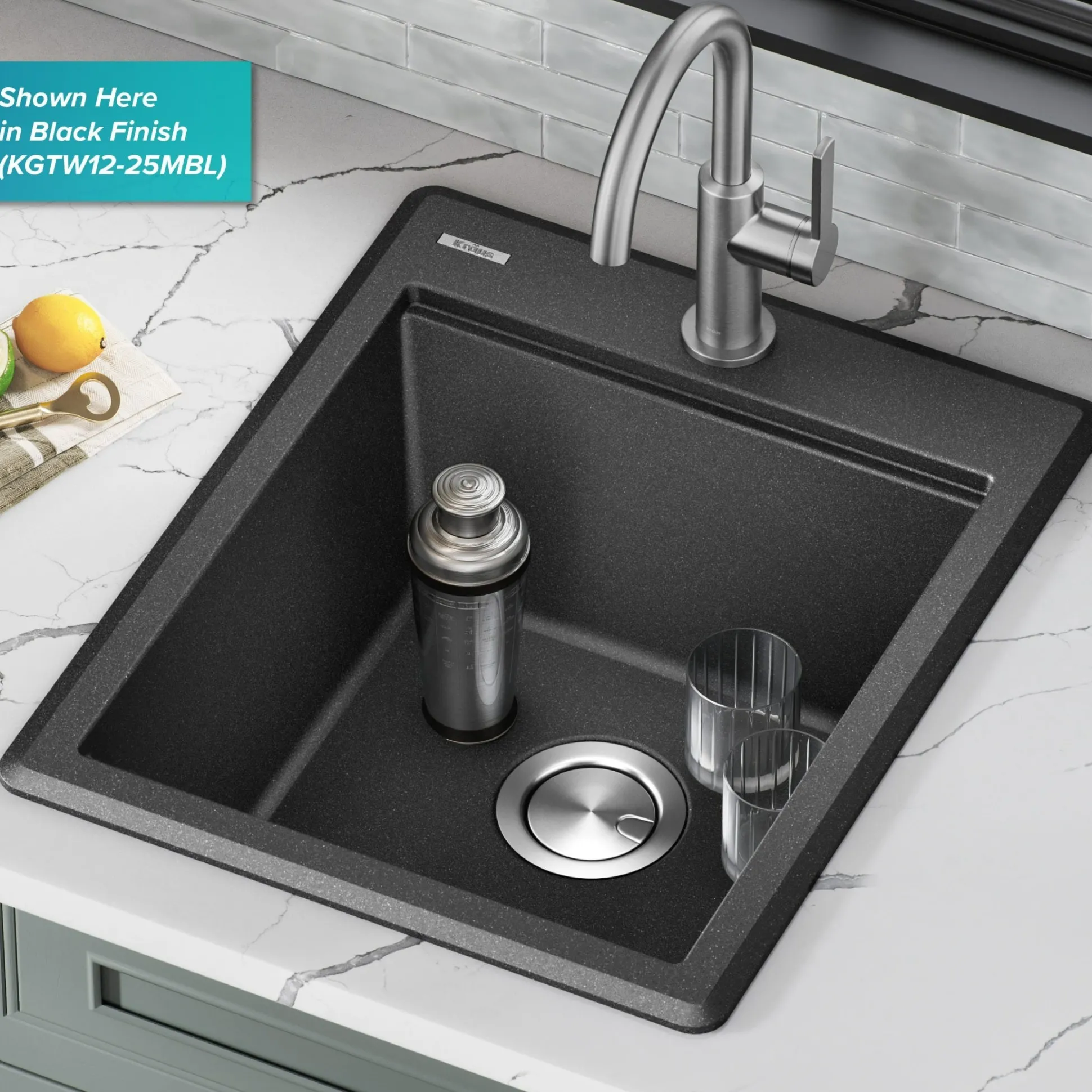 18” Granite Workstation Drop In Top Mount Single Bowl Kitchen Bar Sink in Metallic Grey with Accessories