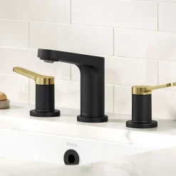 2-Handle 8-inch Widespread Bathroom Faucet in Spot-Free Brushed Brass / Matte Black with Pop Up Drain and Supply Lines