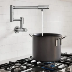 2 Handle Wall Mount Pot Filler Faucet with Retractable Arm in Spot-Free Stainless Steel