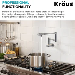 2 Handle Wall Mount Pot Filler Faucet with Retractable Arm in Spot-Free Stainless Steel