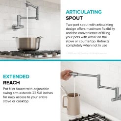 2 Handle Wall Mount Pot Filler Faucet with Retractable Arm in Spot-Free Stainless Steel