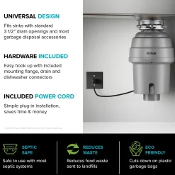 High-Speed 3/4 HP Continuous Feed Ultra-Quiet Motor Garbage Disposal with Power Cord and Flange Included and Universal Mount