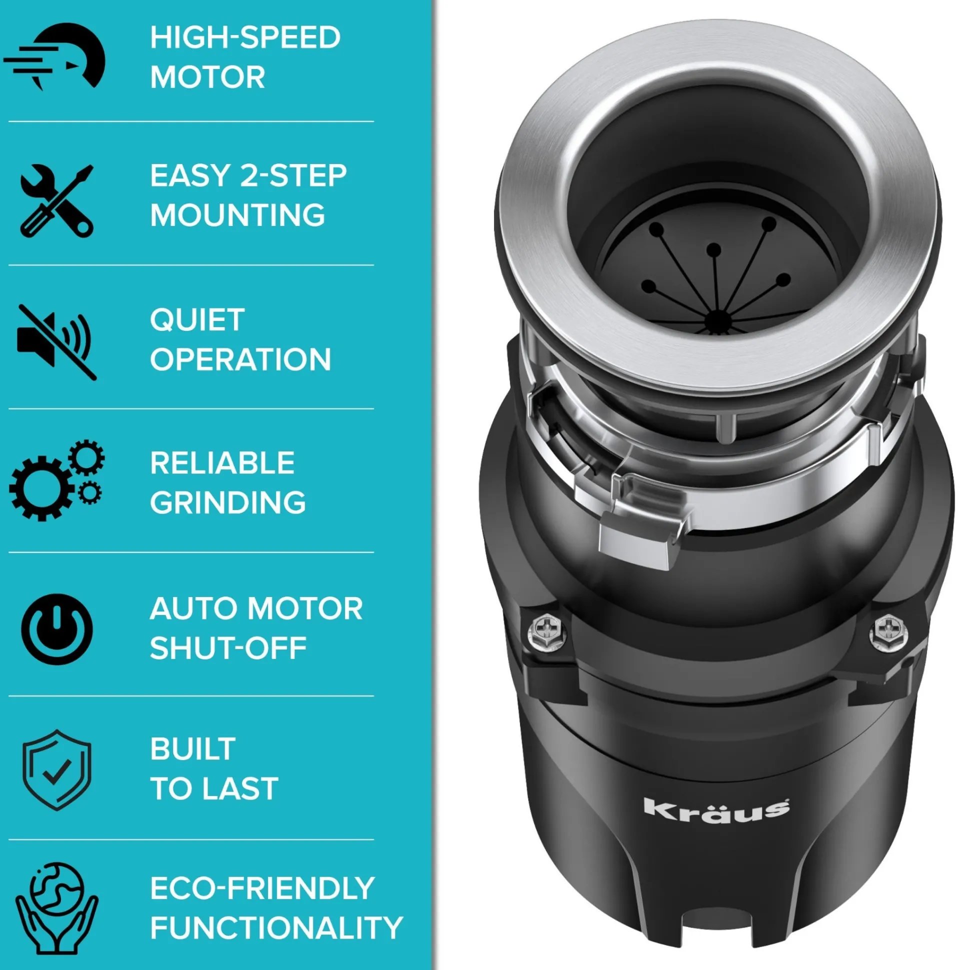 High-Speed 1/3 HP Continuous Feed Ultra-Quiet Motor Garbage Disposal with Quick Connect Mount, Power Cord and Flange Included