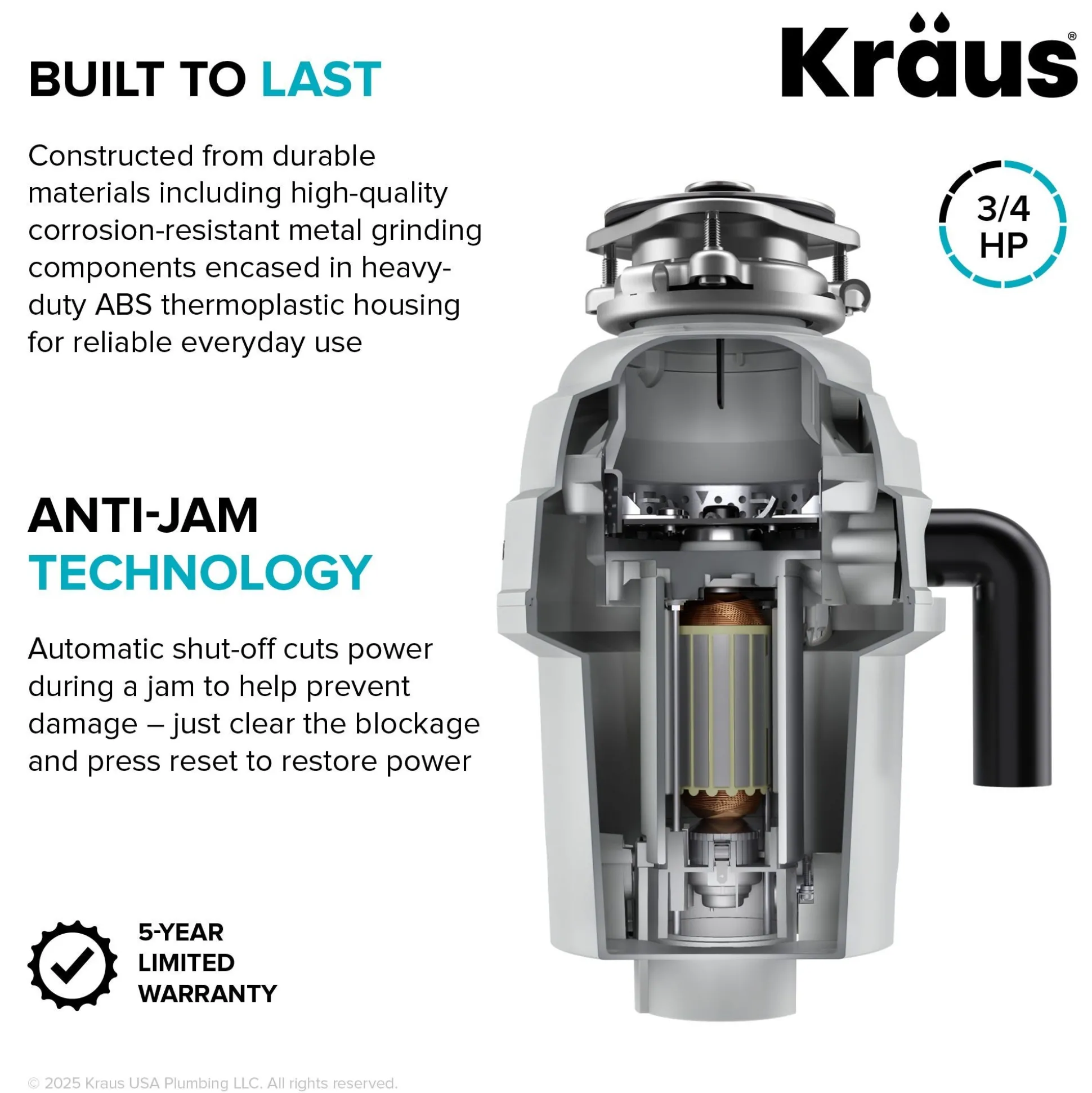 3/4 HP Continuous Feed Garbage Disposal with Ultra-Quiet Motor for Kitchen Sink with Power Cord and Flange Included