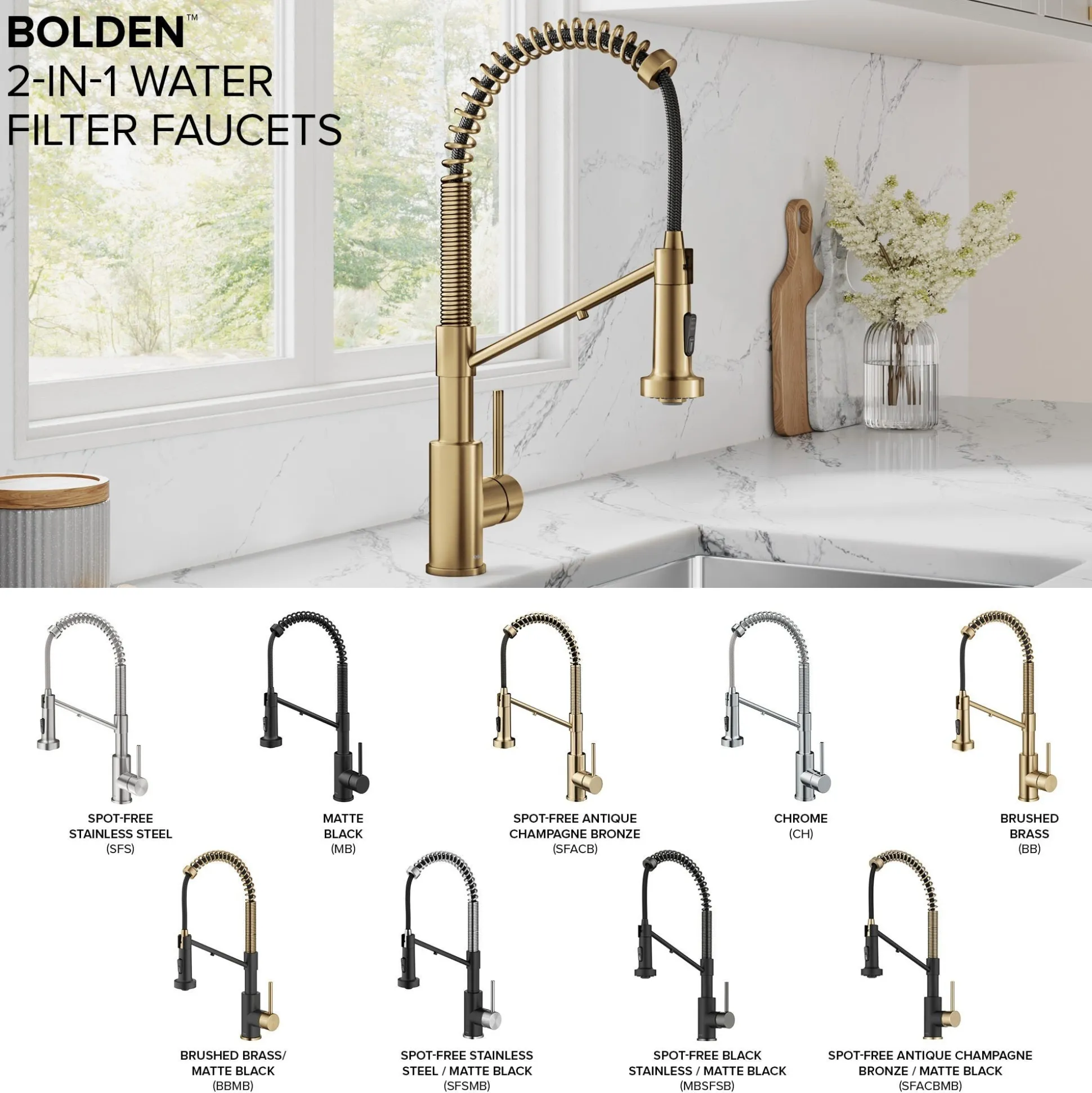 2-in-1 Commercial Style Pull Down Single Handle Water Filter Kitchen Faucet for Reverse Osmosis or Water Filtration System in Spot-Free Brushed Brass