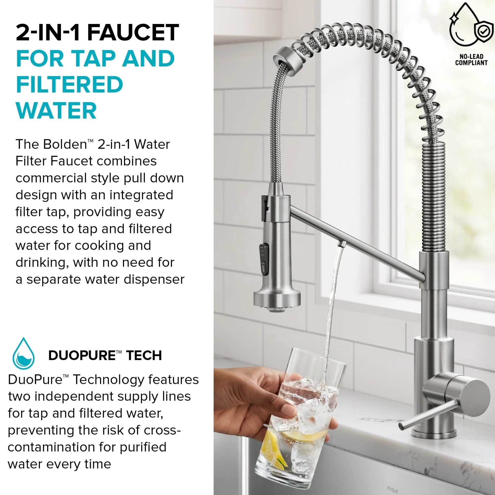 2-in-1 Commercial Style Pull Down Single Handle Water Filter Kitchen Faucet for Reverse Osmosis or Water Filtration System in Brushed Brass / Matte Black