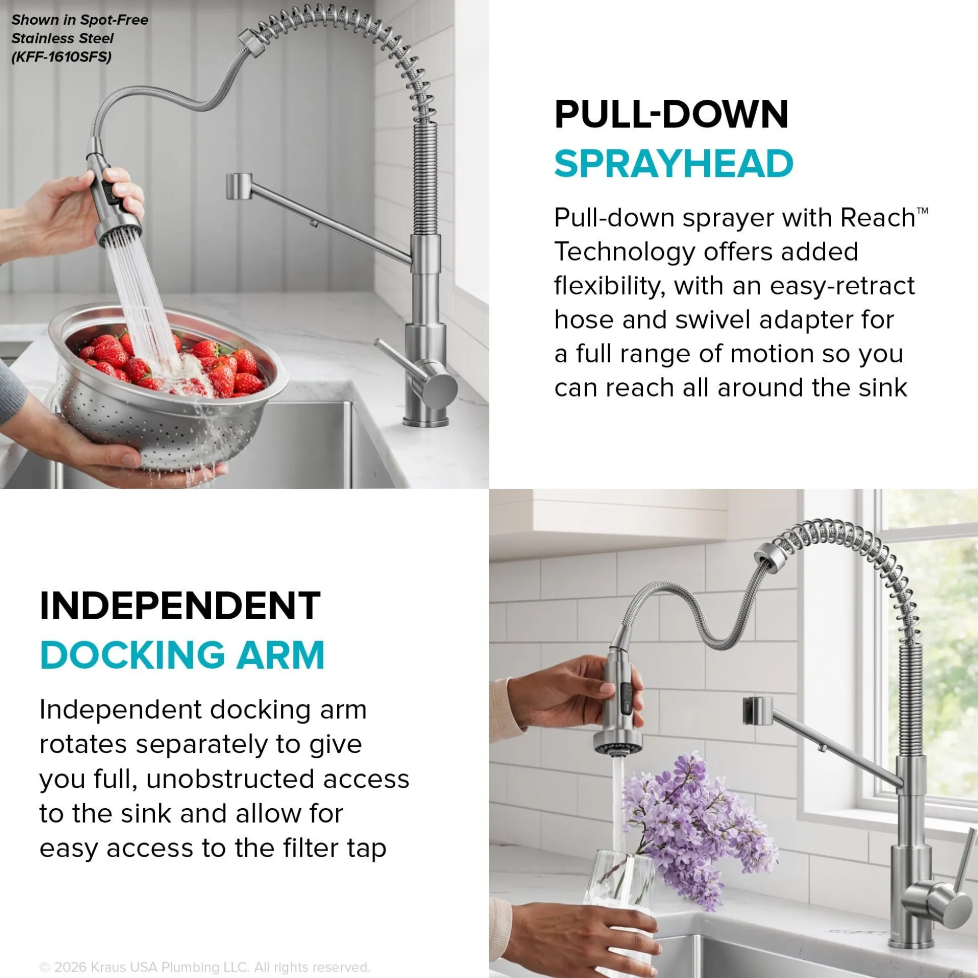 2-in-1 Commercial Style Pull Down Single Handle Water Filter Kitchen Faucet for Reverse Osmosis or Water Filtration System in Brushed Brass / Matte Black