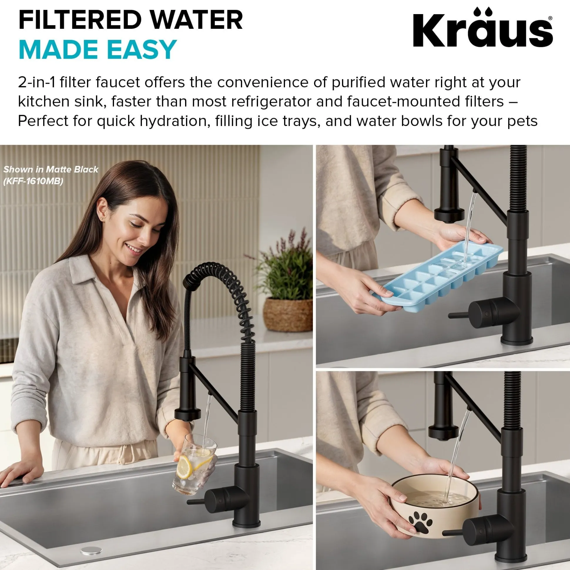 2-in-1 Commercial Style Pull Down Single Handle Water Filter Kitchen Faucet for Reverse Osmosis or Water Filtration System in Brushed Brass / Matte Black