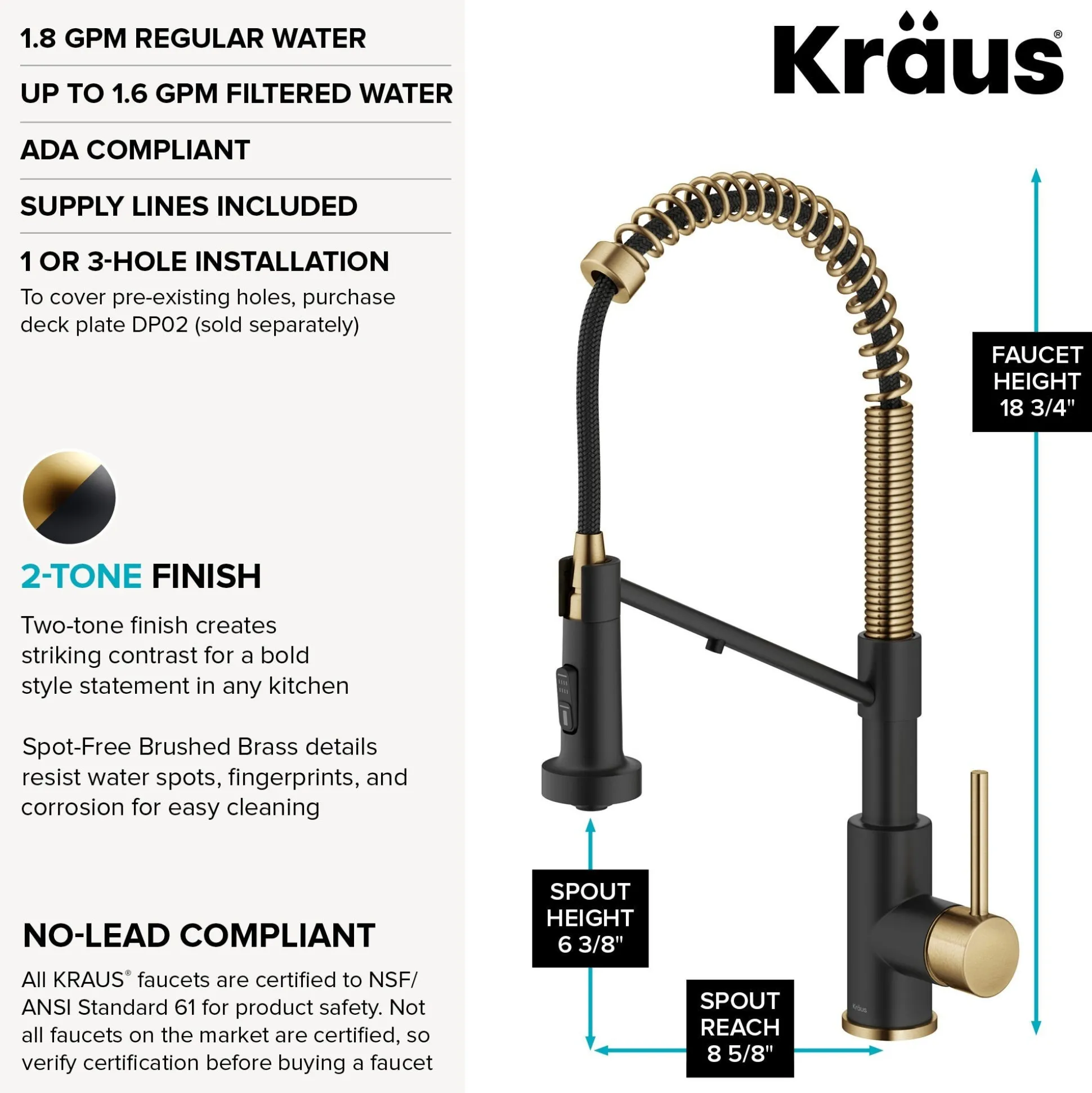 2-in-1 Commercial Style Pull Down Single Handle Water Filter Kitchen Faucet for Reverse Osmosis or Water Filtration System in Brushed Brass / Matte Black