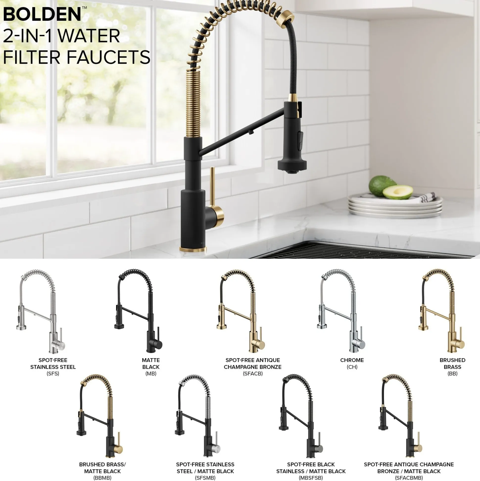2-in-1 Commercial Style Pull Down Single Handle Water Filter Kitchen Faucet for Reverse Osmosis or Water Filtration System in Brushed Brass / Matte Black