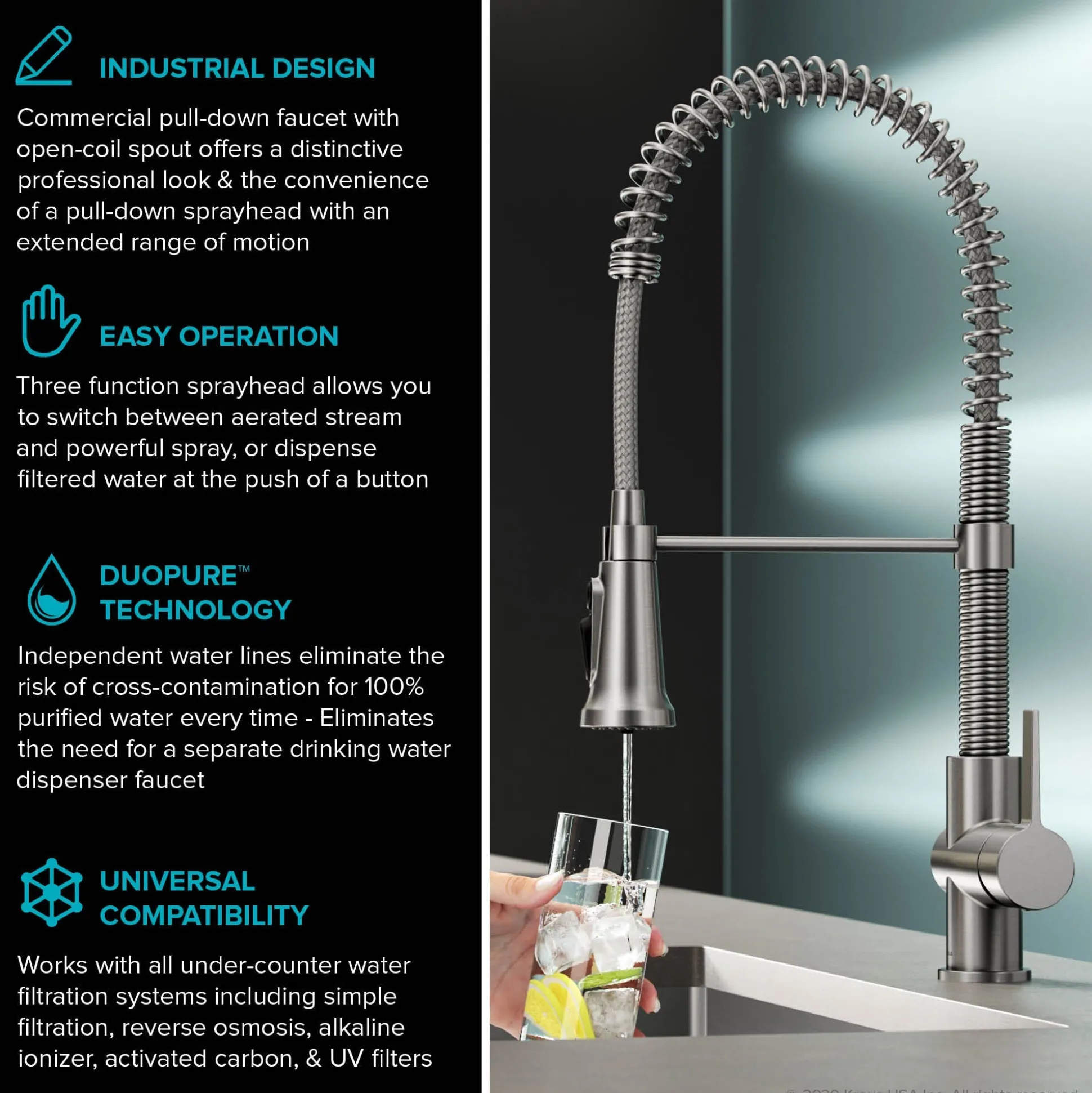 2-in-1 Commercial Style Pull Down Single Handle Water Filter Faucet for Reverse Osmosis or Water Filtration System in Matte Black