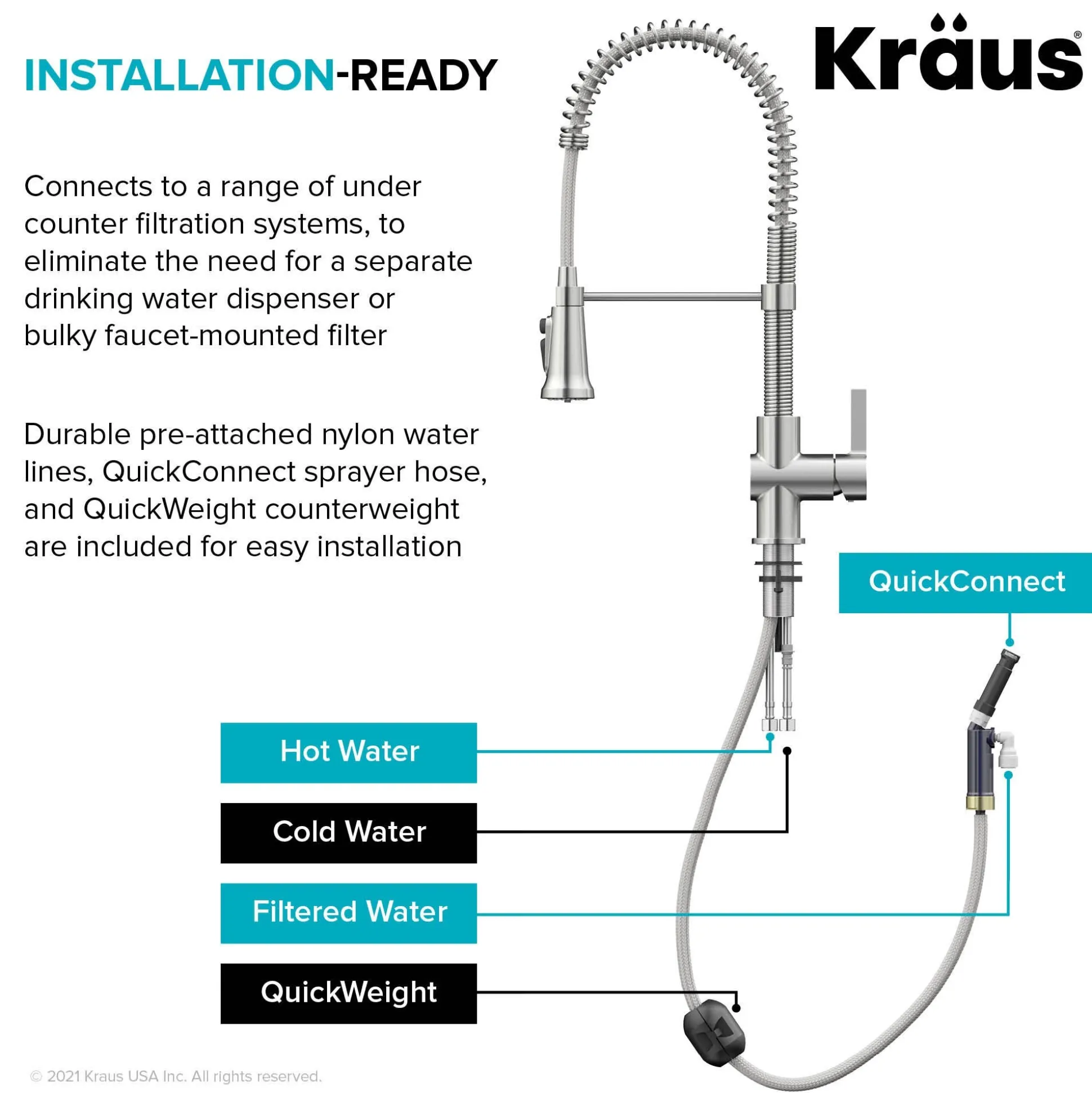 2-in-1 Commercial Style Pull Down Single Handle Water Filter Faucet for Reverse Osmosis or Water Filtration System in Spot Free Stainless Steel