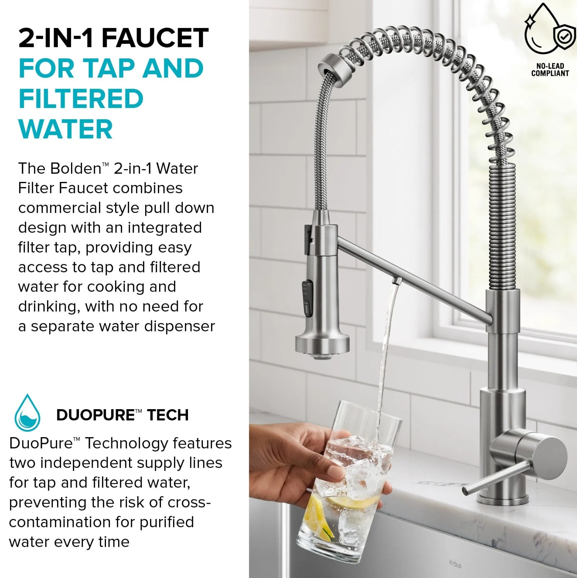 2-in-1 Commercial Style Pull Down Single Handle Water Filter Kitchen Faucet for Reverse Osmosis or Water Filtration System in Spot-Free Stainless Steel / Matte Black