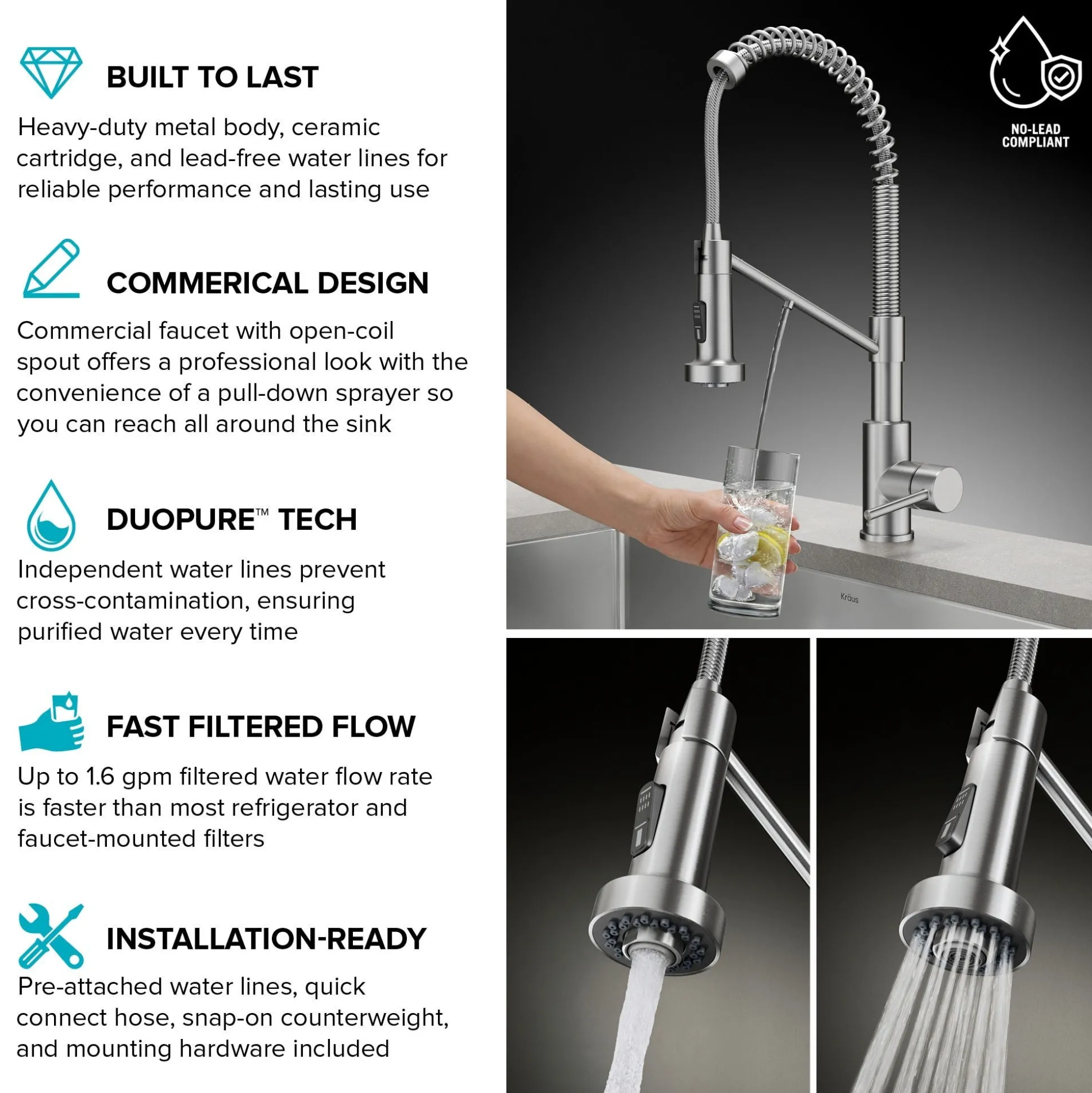 2-in-1 Commercial Style Pull Down Kitchen Faucet with Integrated Water Filter Tap for Reverse Osmosis or Water Filtration System in Matte Black / Spot-Free Black Stainless Steel