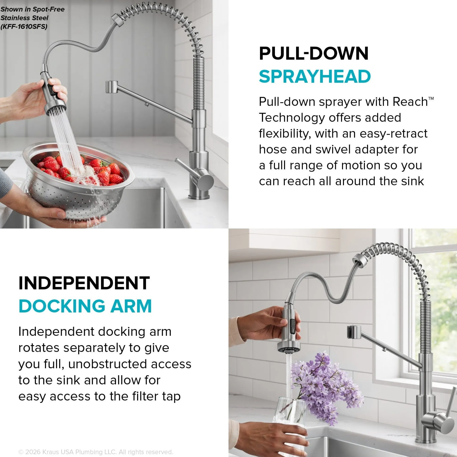 2-in-1 Commercial Style Pull Down Kitchen Faucet with Integrated Water Filter Tap for Reverse Osmosis or Water Filtration System in Matte Black / Spot-Free Black Stainless Steel