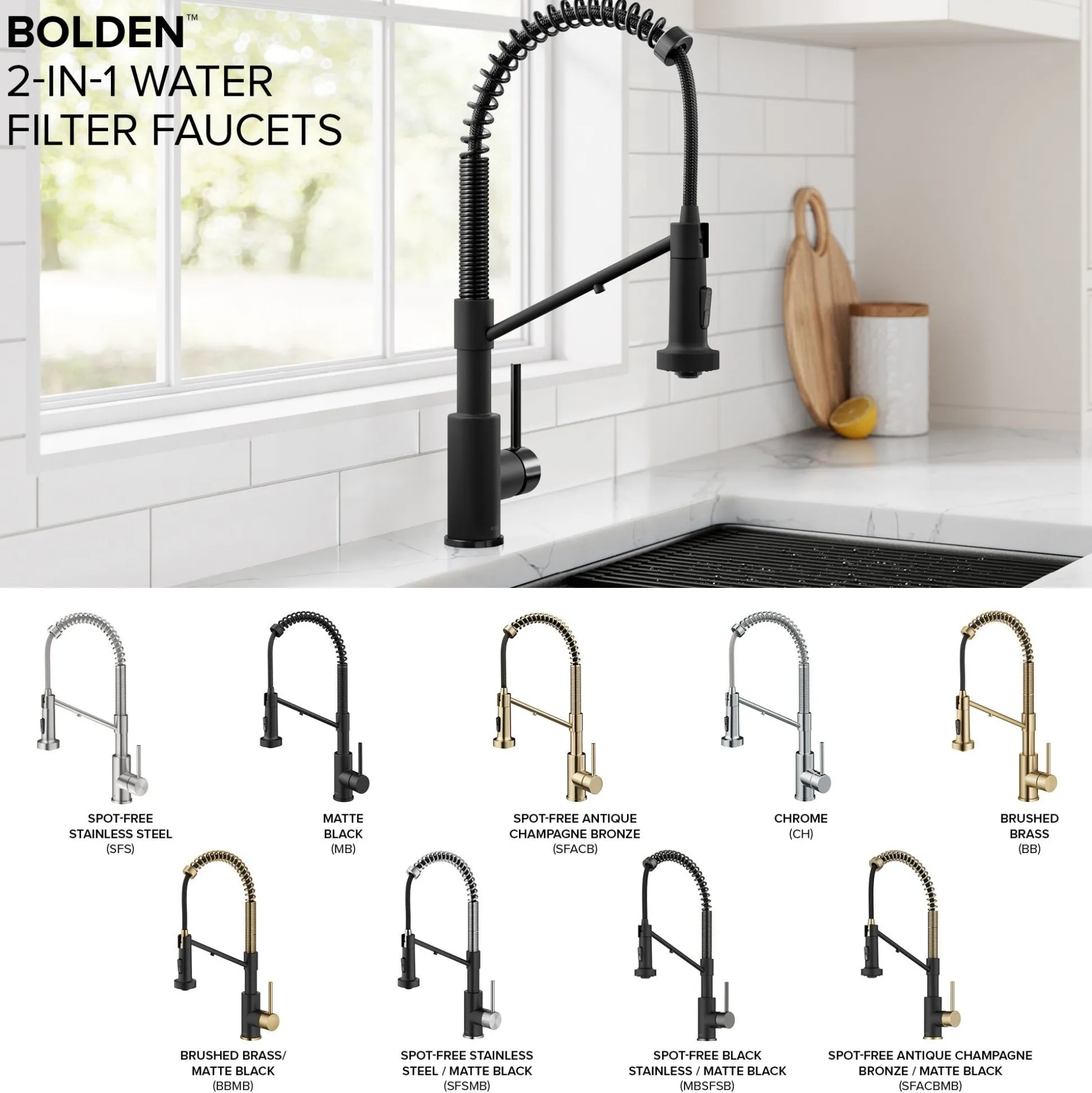 2-in-1 Commercial Style Pull Down Kitchen Faucet with Integrated Water Filter Tap for Reverse Osmosis or Water Filtration System in Matte Black / Spot-Free Black Stainless Steel