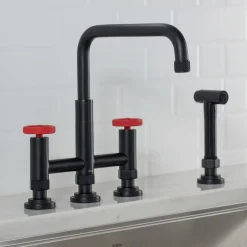 Industrial Bridge Kitchen Faucet with Side Sprayer in Matte Black/Red