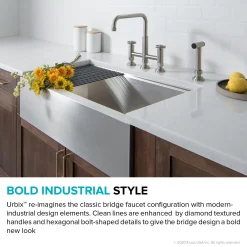 Industrial Bridge Kitchen Faucet with Side Sprayer in Spot Free Stainless Steel