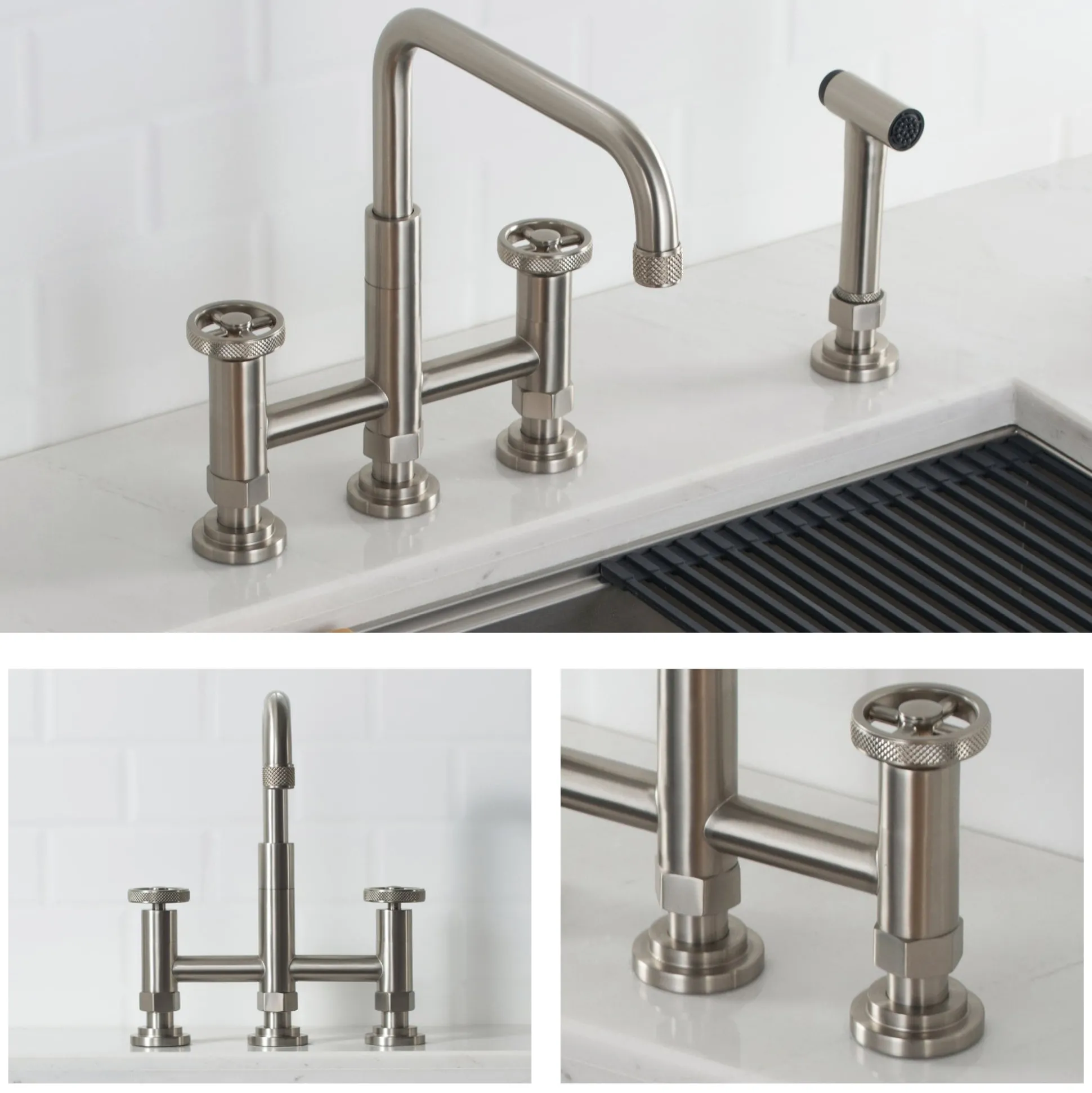 Industrial Bridge Kitchen Faucet with Side Sprayer in Spot Free Stainless Steel