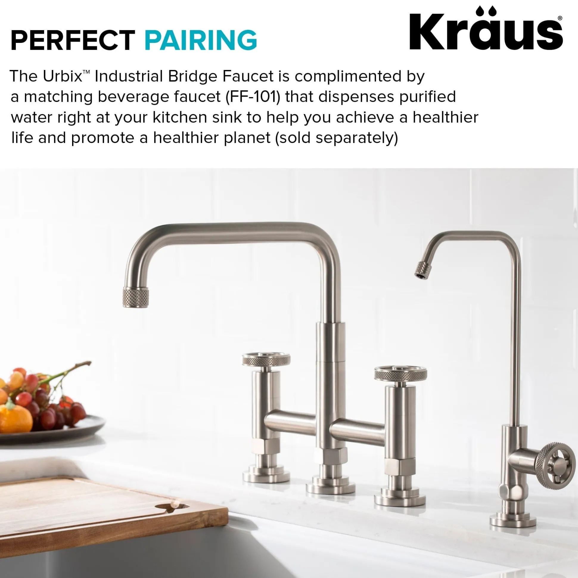 Industrial Bridge Kitchen Faucet with Side Sprayer in Spot Free Stainless Steel