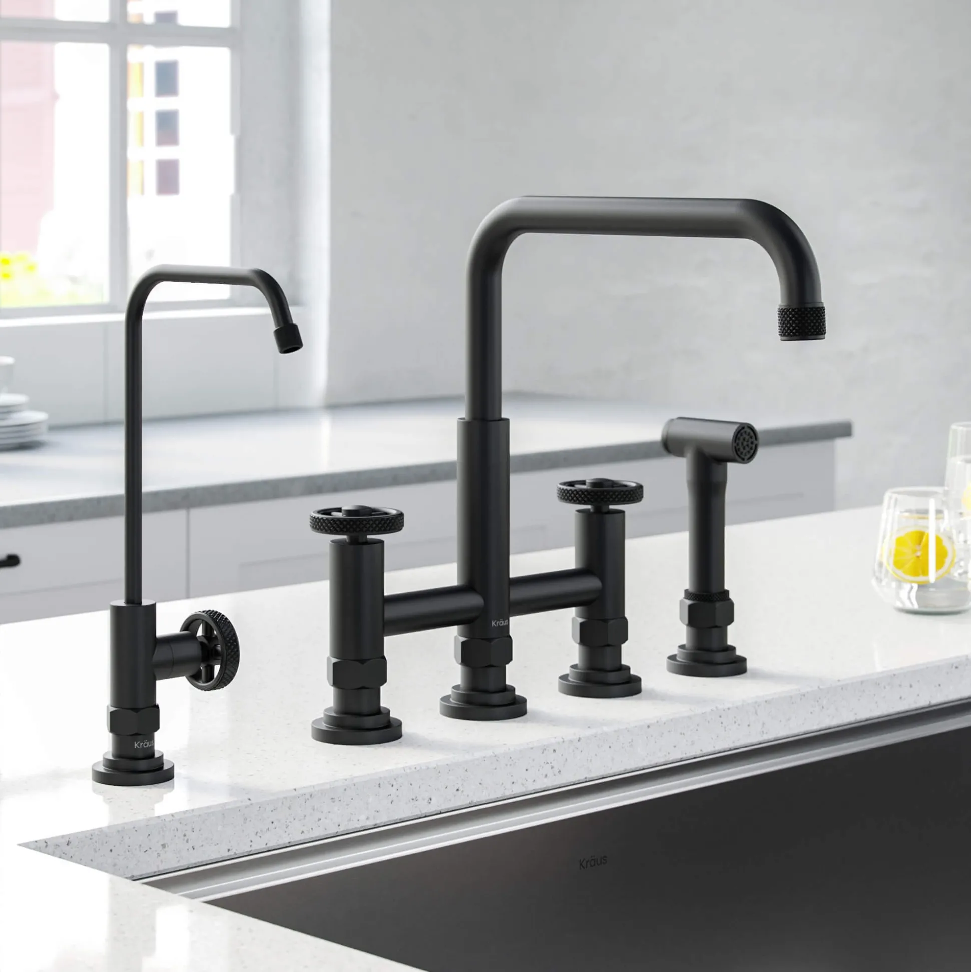 Industrial Bridge Kitchen Faucet and Water Filter Faucet Combo in Matte Black