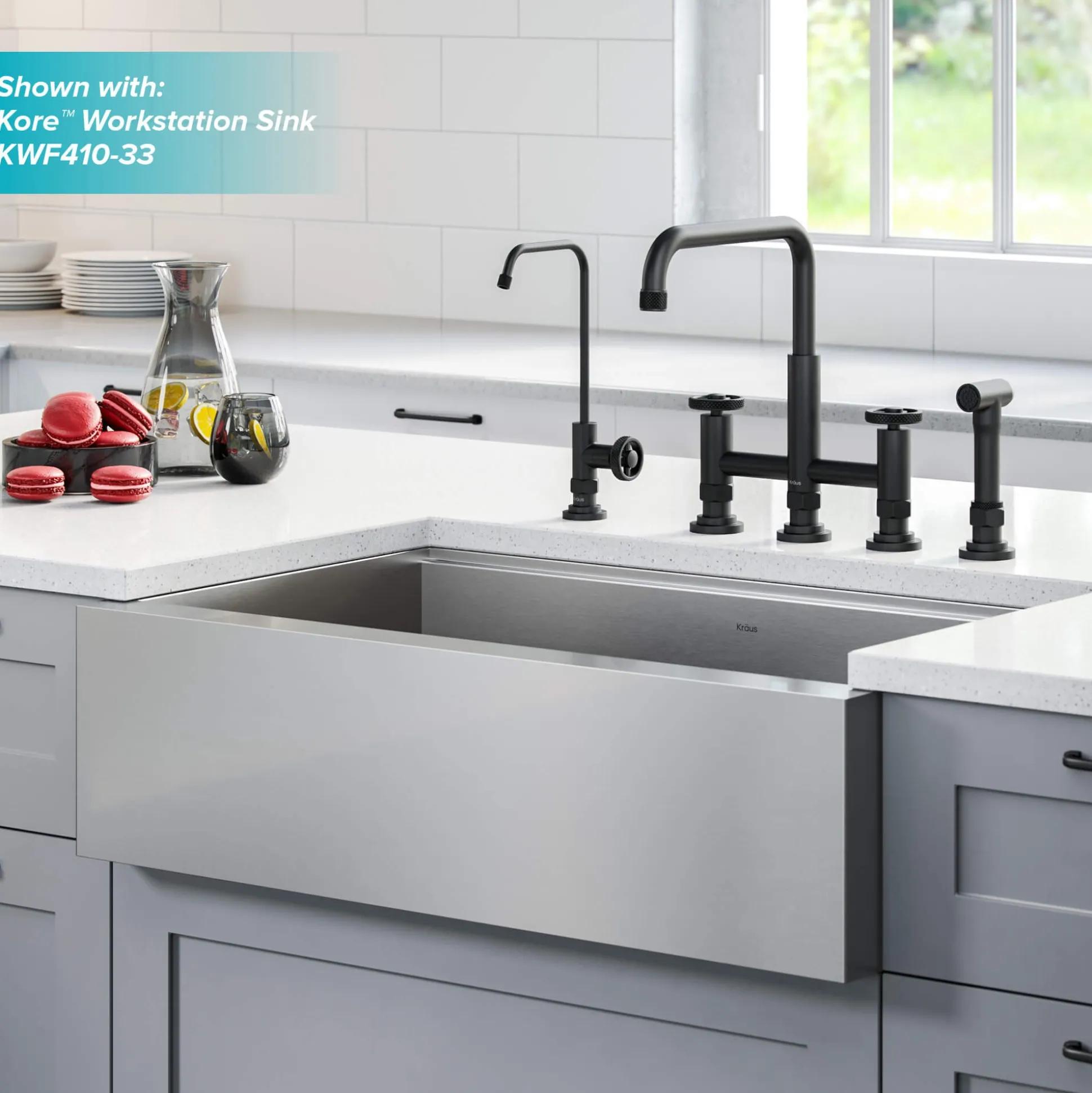 Industrial Bridge Kitchen Faucet and Water Filter Faucet Combo in Matte Black