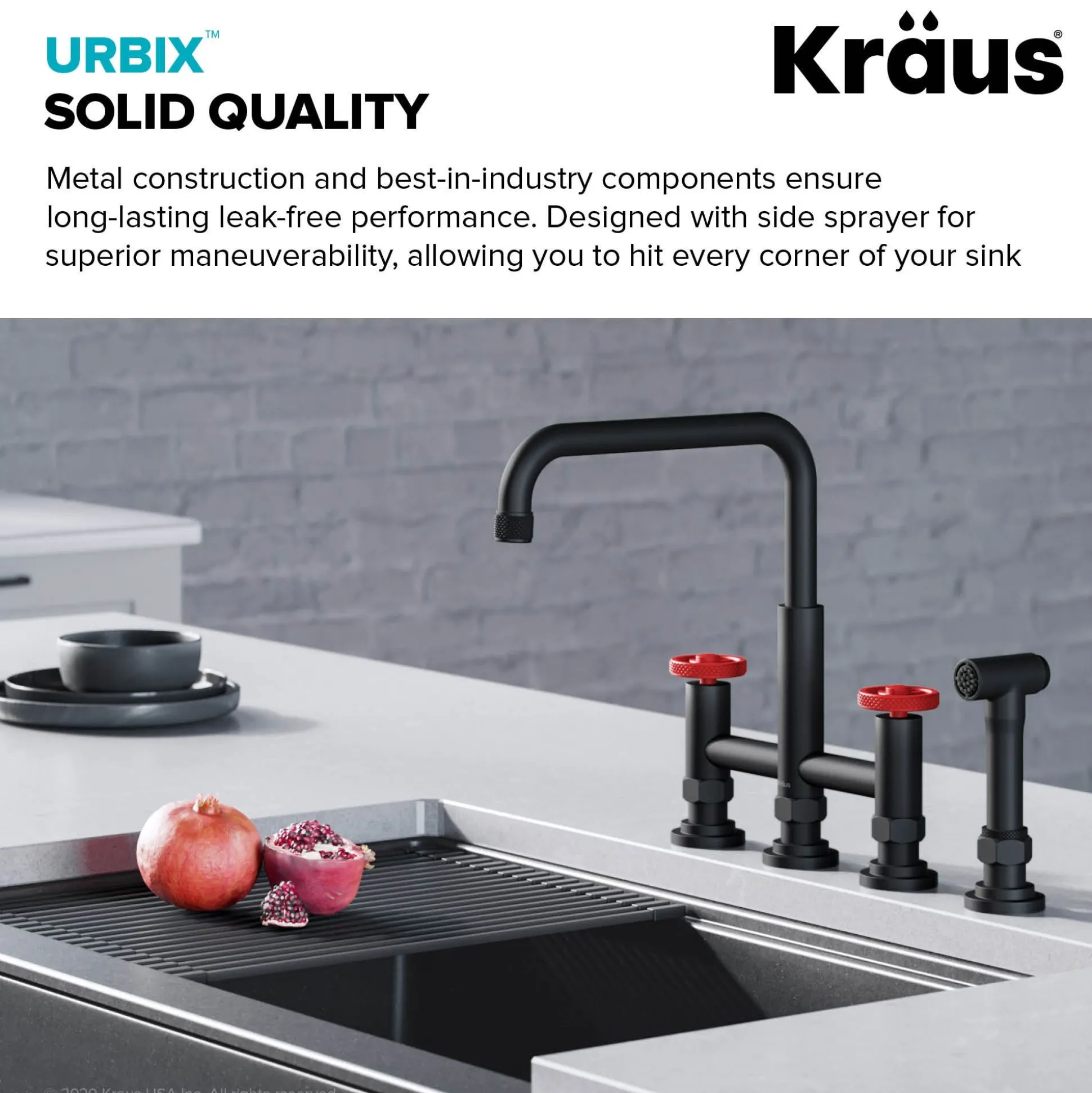 Industrial Bridge Kitchen Faucet and Water Filter Faucet Combo in Matte Black/Red