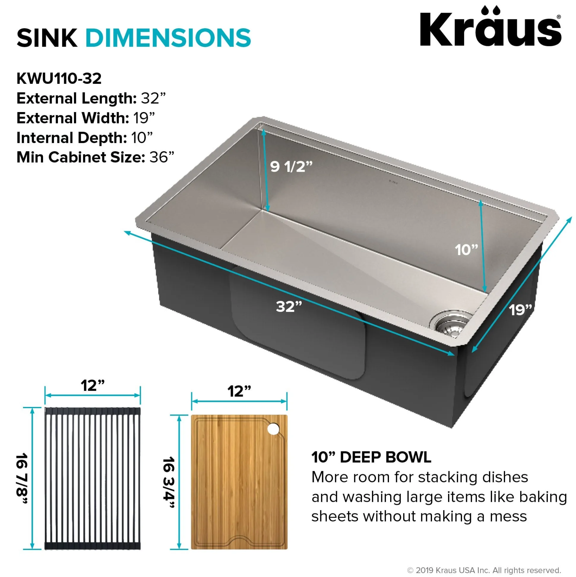 Kore™ Workstation 32-inch Undermount 16 Gauge Single Bowl Stainless Steel Kitchen Sink with WasteGuard™ 1 HP Continuous Feed Garbage Disposal