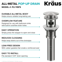 Pop-Up Drain for Bathroom Sink with Overflow in Spot-Free Stainless Steel