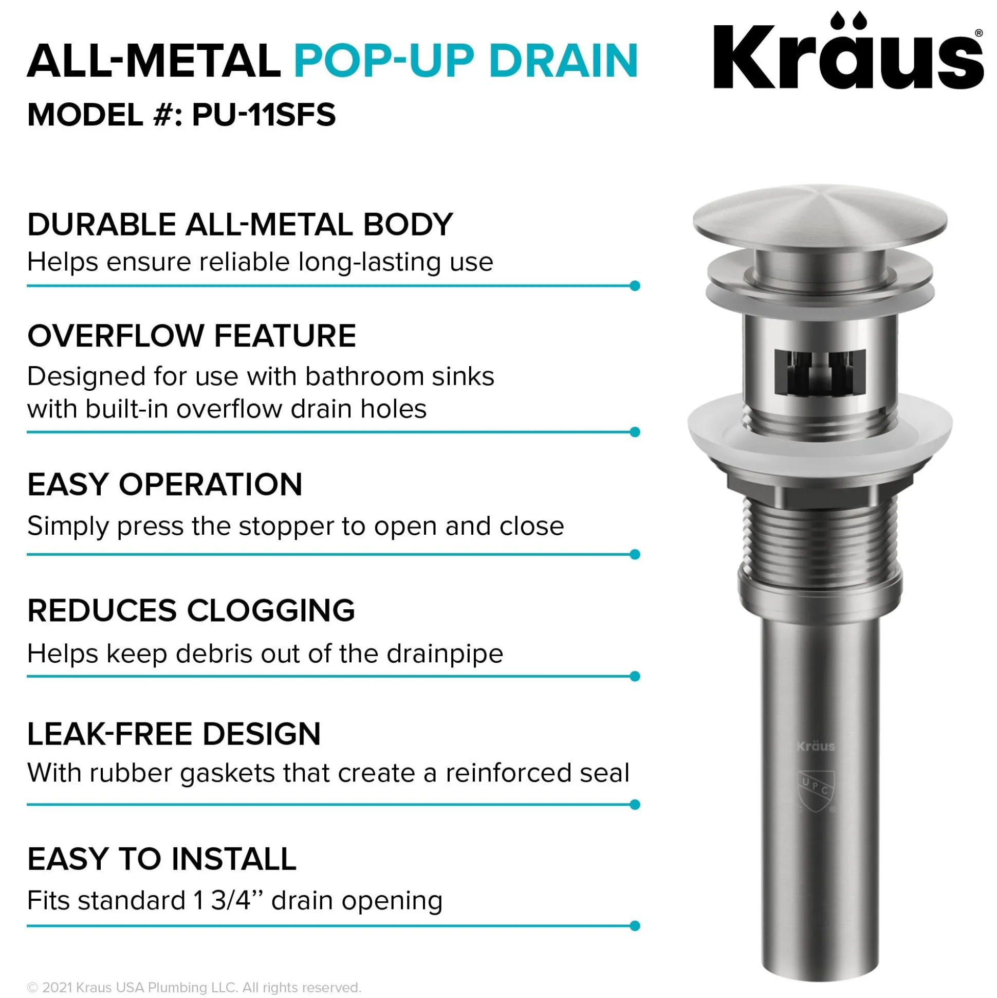 Pop-Up Drain for Bathroom Sink with Overflow in Spot-Free Stainless Steel