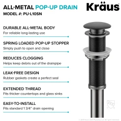 Pop-Up Drain for Bathroom Sink with Extended Threadwithout Overflow in Matte Black