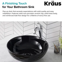 Pop-Up Drain with Porcelain Ceramic Top for Bathroom Sink without Overflow in Gloss Black
