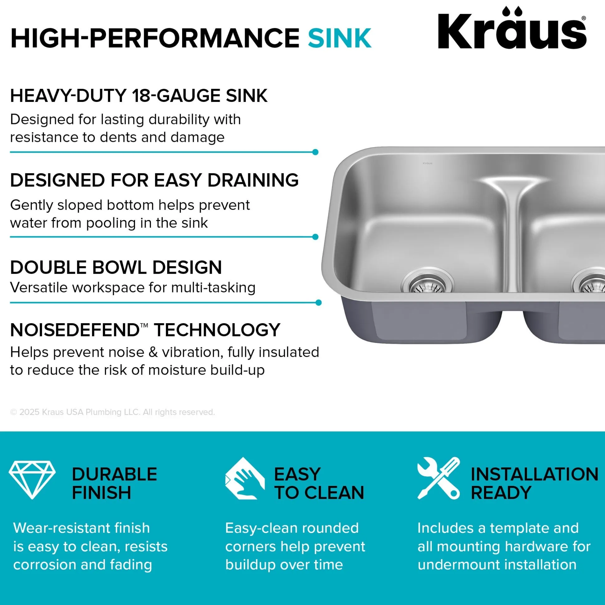 Premier 32” Undermount 50/50 Double Bowl with Low Divider 18-Gauge Stainless Steel Kitchen Sink