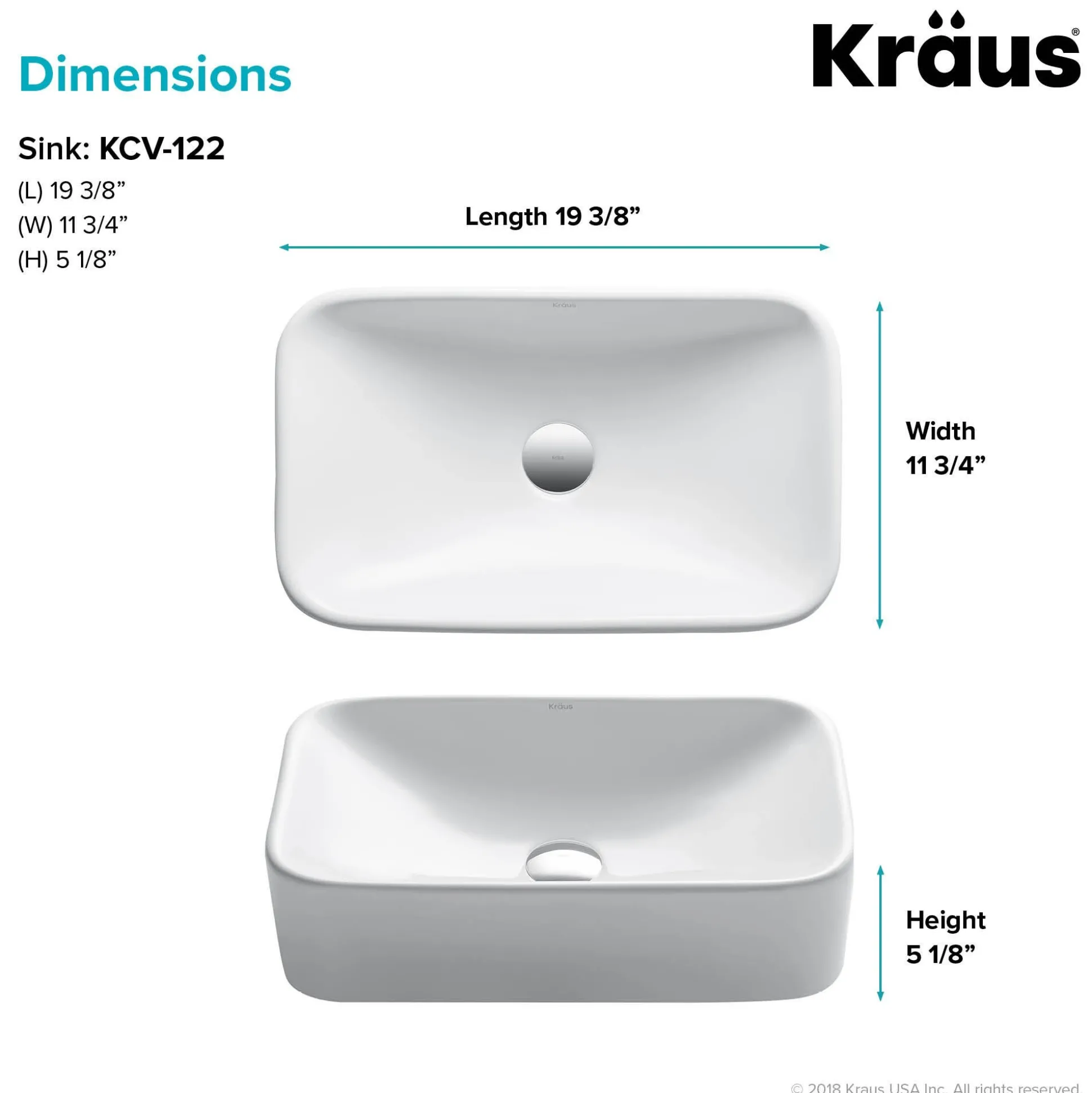 19" Rectangular Vessel Ceramic Bathroom Sink in White